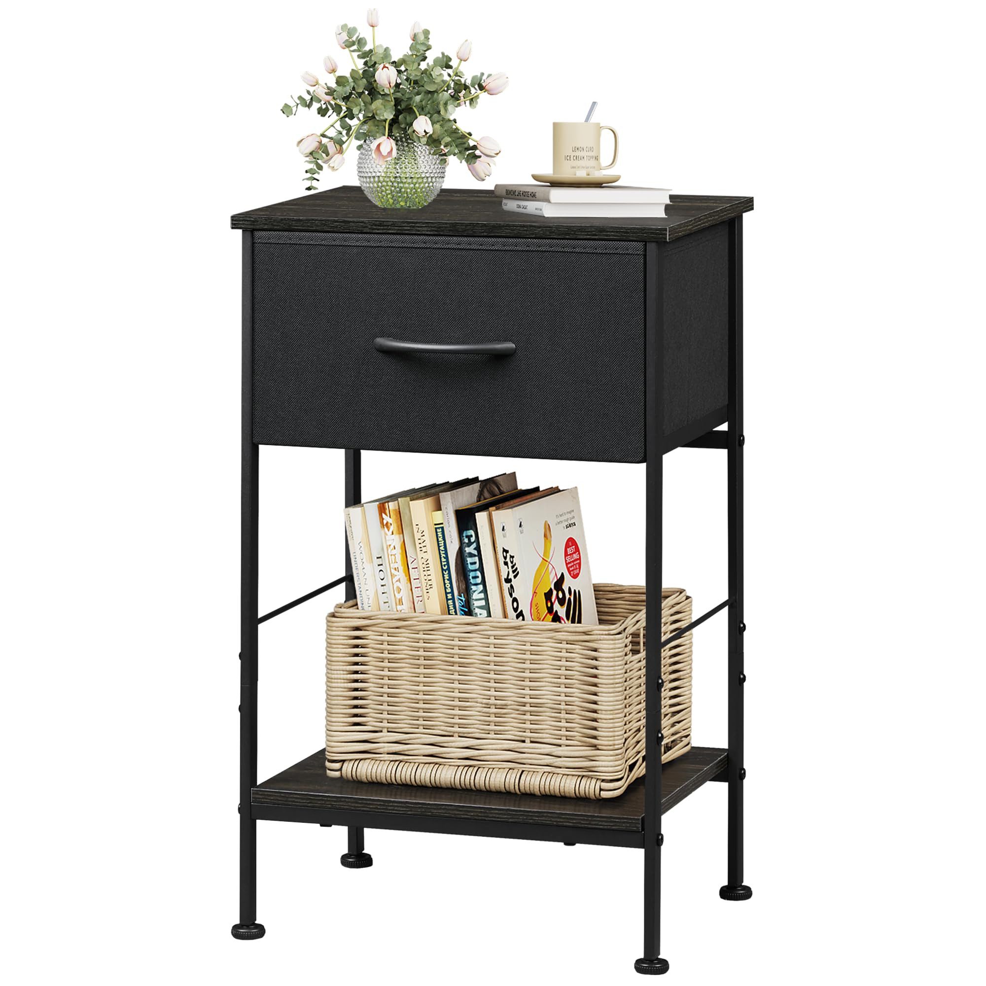WLIVE Beistelltisch Nachttisch mit Stoffschublade & Ablage, 40×30×63 cm, Metallrahmen (1 Tisch), platzsparender Nachtschrank fürs Schlafzimmer & Wohnzimmer
