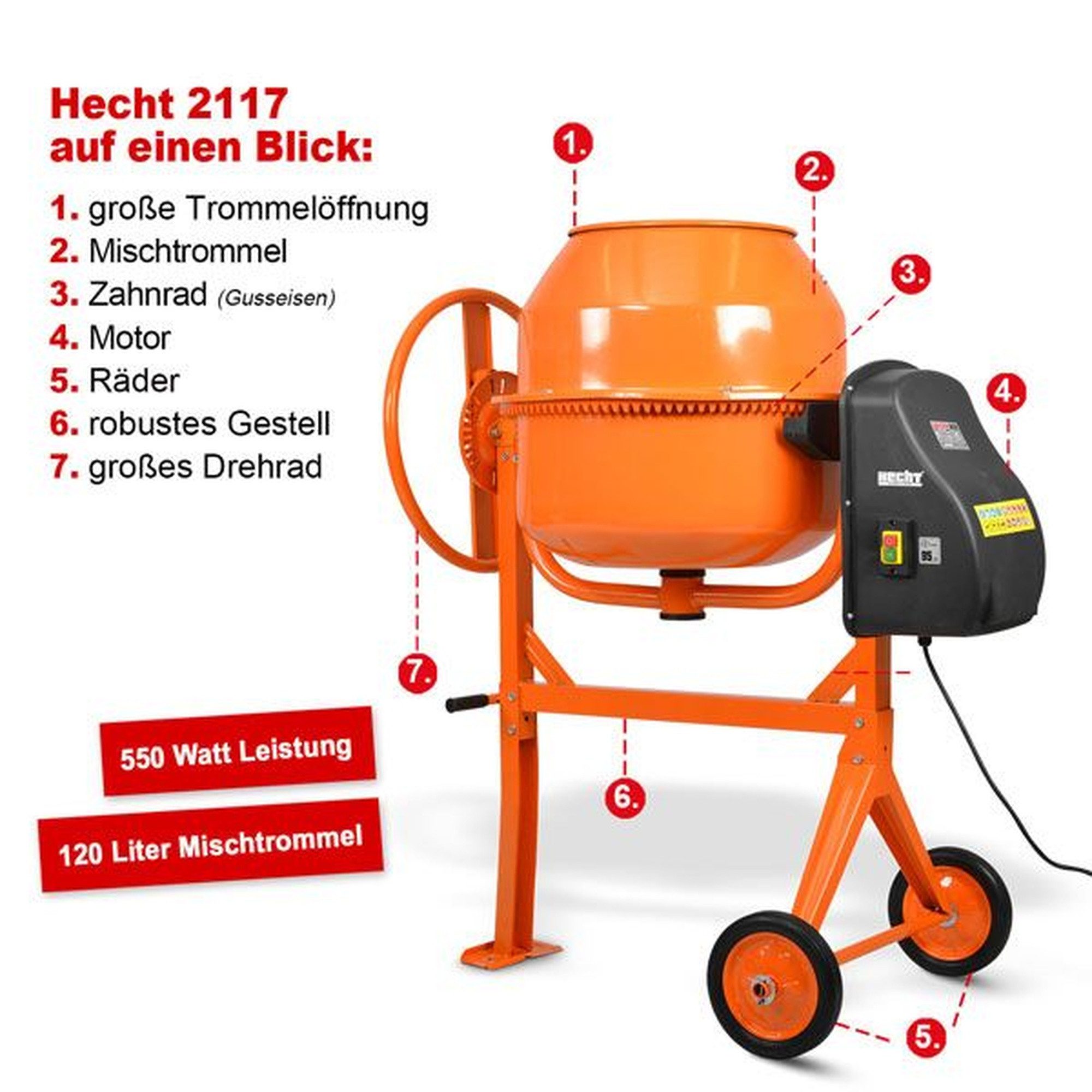 Hecht Betonmischer mit Fahrgestell Gusseisen 26 U/min 230v, 120 Liter, 550 Watt