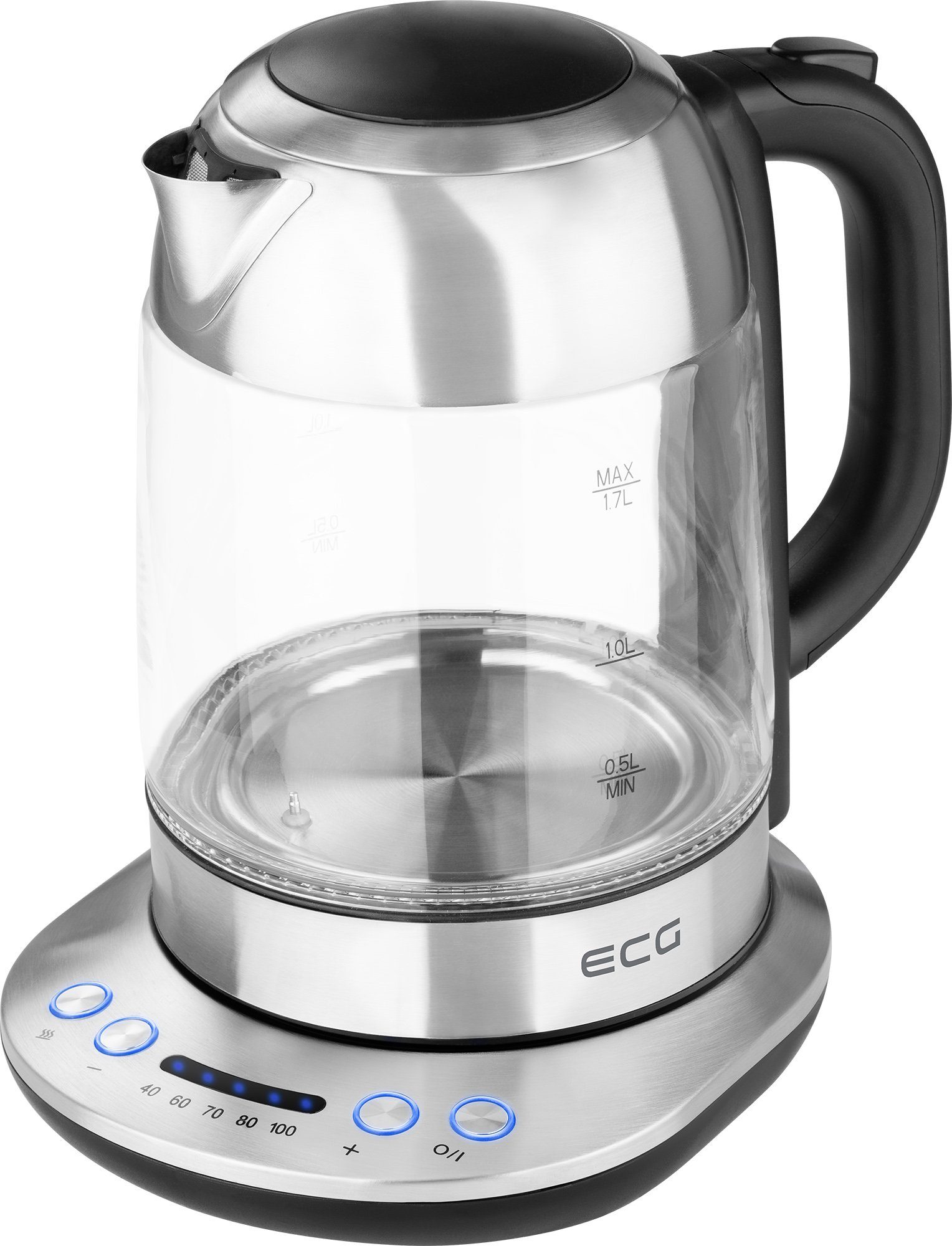 ECG Wasserkocher RK 1781, 1,7 l, 2200 W, Elegante rostfreie Ausführung mit Hartglas