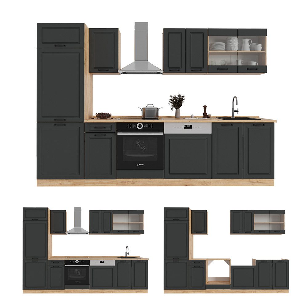 Vicco Küchenzeile R-Line, Anthrazit Landhaus/Goldkraft Eiche, 300 cm, AP Anthrazit