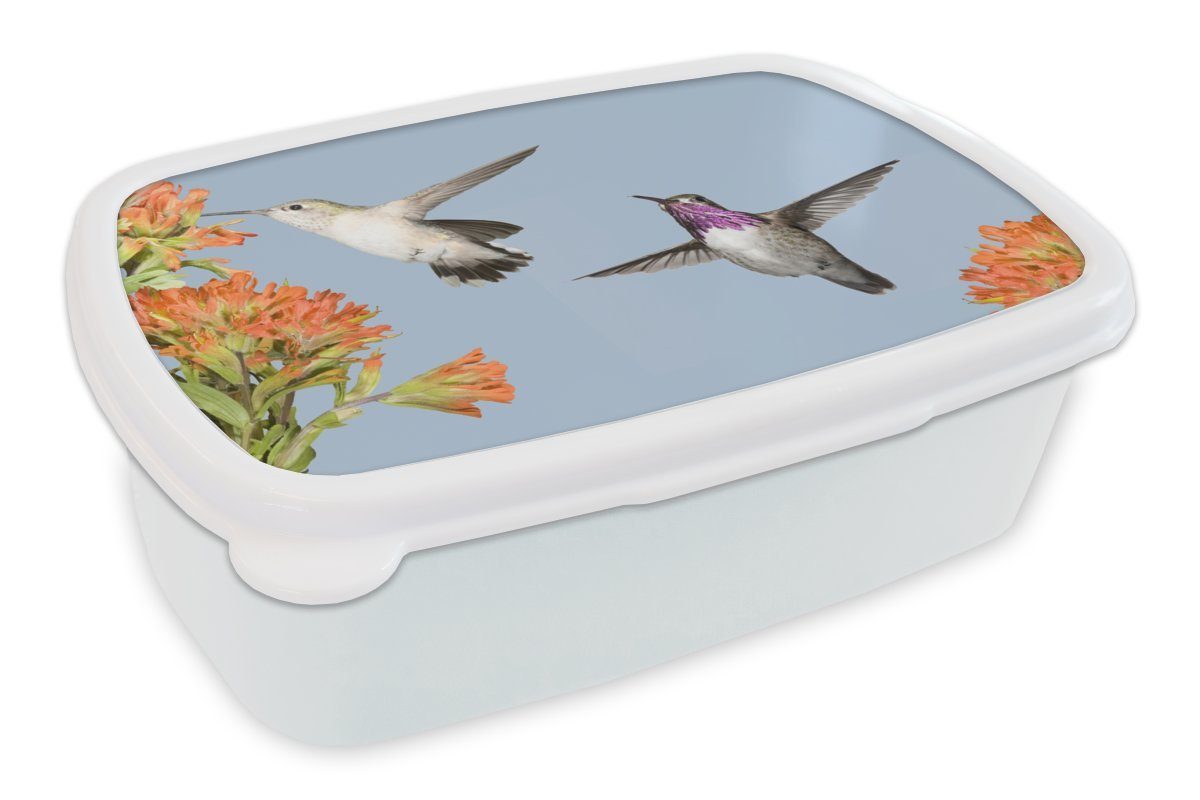 MuchoWow Lunchbox Kolibri - Blumen - Vögel, Kunststoff, (2-tlg), Brotbox für Kinder und Erwachsene, Brotdose, für Jungs und Mädchen weiß