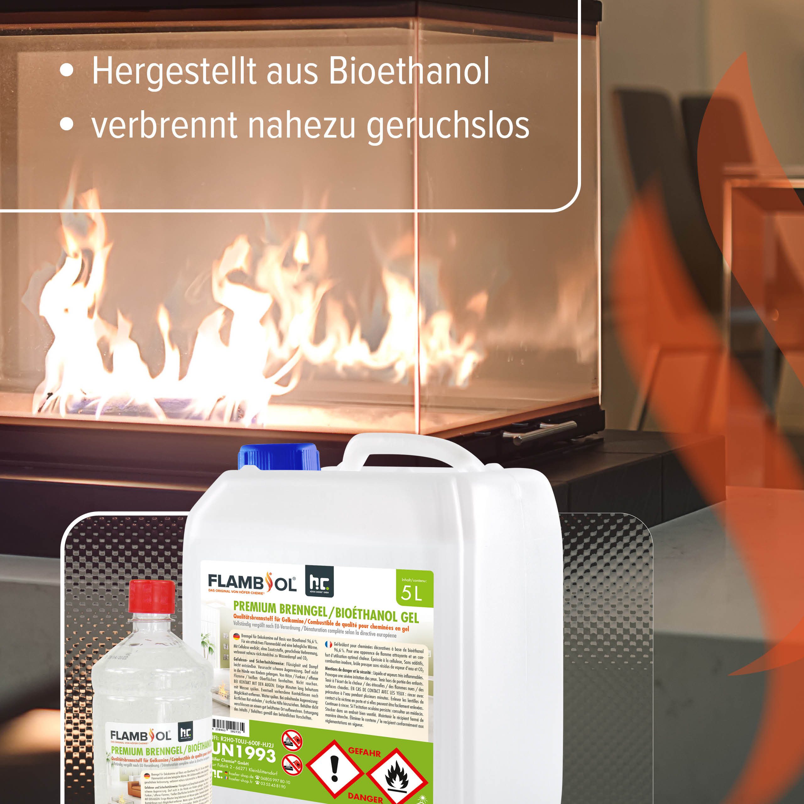 Höfer Chemie GmbH Bioethanol 1 L FLAMBIOL® Premium Brenngel, 1 l, (1-St), Rauchfreies Gel für saubere Verbrennung im Tischkamin