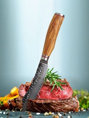 Wakoli Steakmesser 4er Damast Steakmesser-Set I 12,5 cm Klingen I Olivenholzgriffe und
