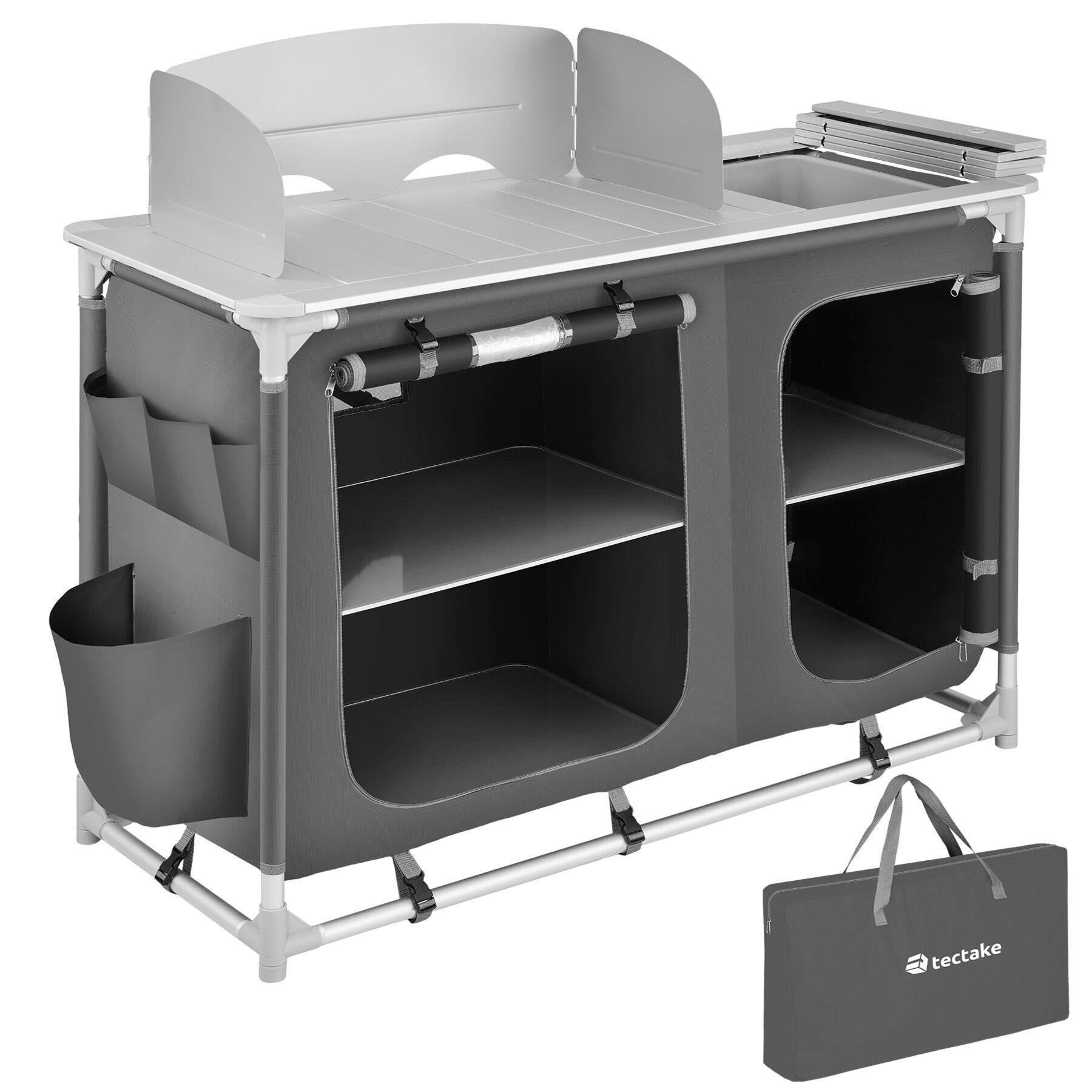 tectake Campingtisch Camping-Klapptisch, Maße: 116 x 52 x 107 cm, wetterbeständig (Outdoor-Tisch, 1-St., in grau), Faltbar, mit viel Stauraum, Windschutz und Spülbecken, mit Tragetasche