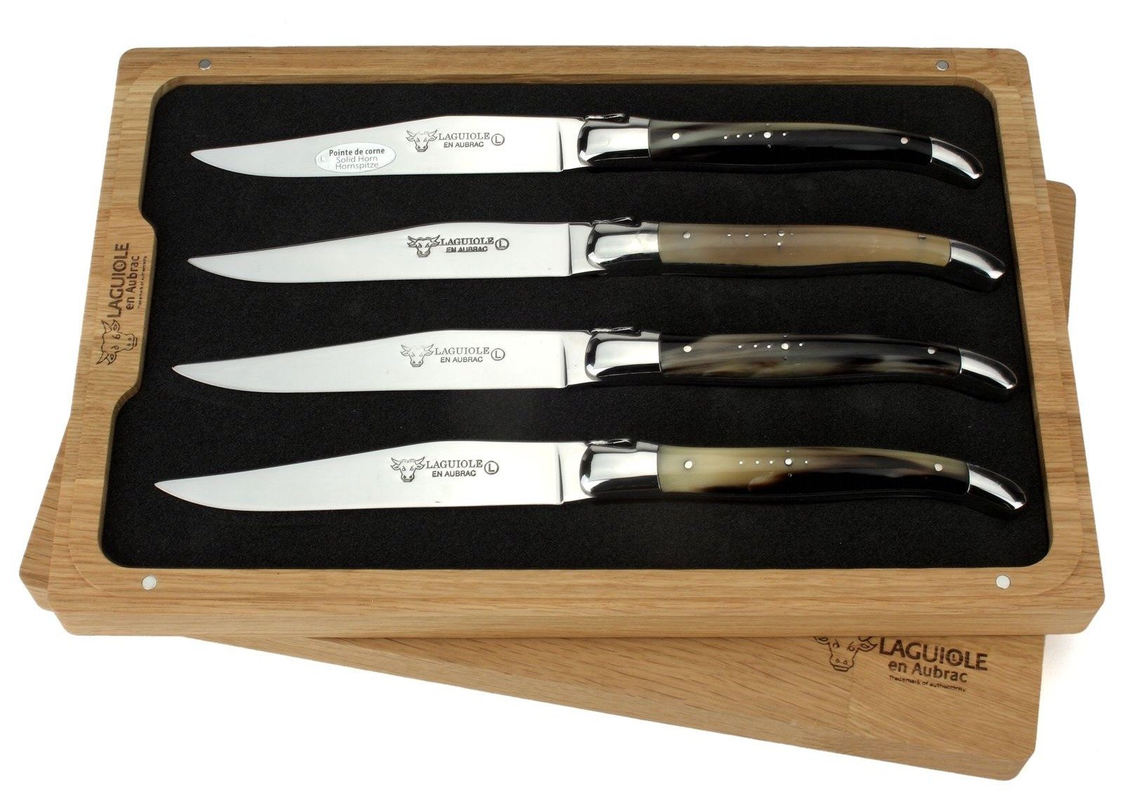 Laguiole en Aubrac Steakmesser 42C99PCIH 4er Set - Griff Hornspitze - Backen glänzend - Klinge glanz - Holzbox
