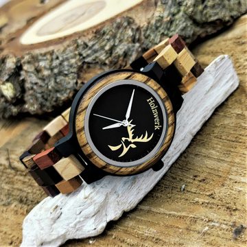 Holzwerk Quarzuhr AHLEN kleine Damen Holz Armband Uhr, Hirsch Kopf Logo, schwarz, braun