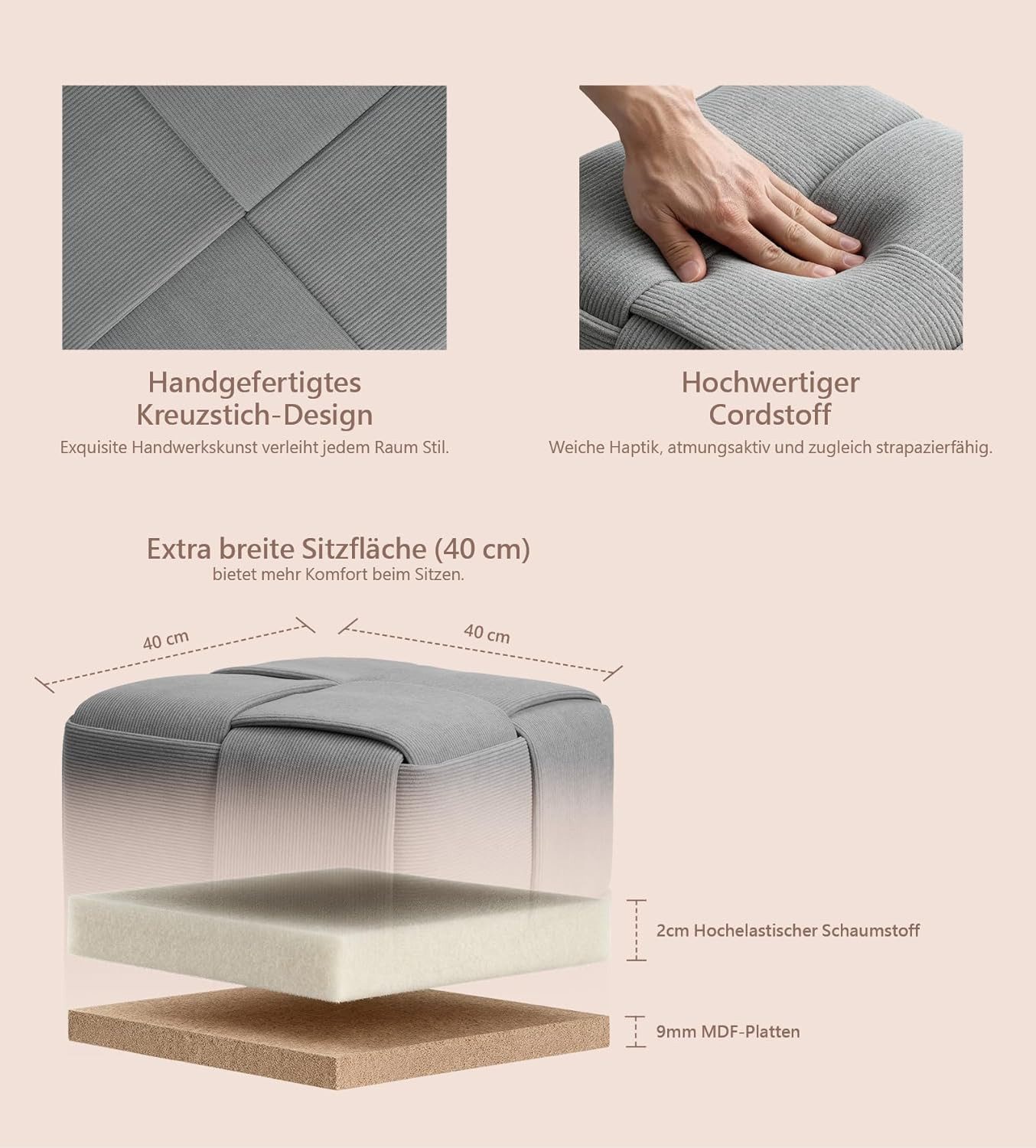 Zedelmaier Sitzhocker Sitzwürfel mit Kreuzgeflecht, handgefertigter Hocker aus Cordstoff, extrabreite 40 cm, belastbar bis 150 kg als Fußbank, Schuhbank
