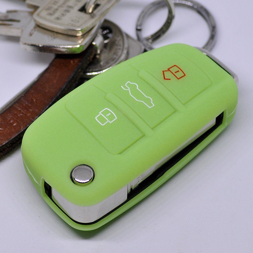 mt-key Schlüsseltasche Autoschlüssel Softcase Silikon Schutzhülle fluoreszierend Grün, für Audi A1 S1 A3 S3 A4 A6 S6 TT Q3 Q7 R8 8P 8V B7 C6 8J 8U 4L 8X
