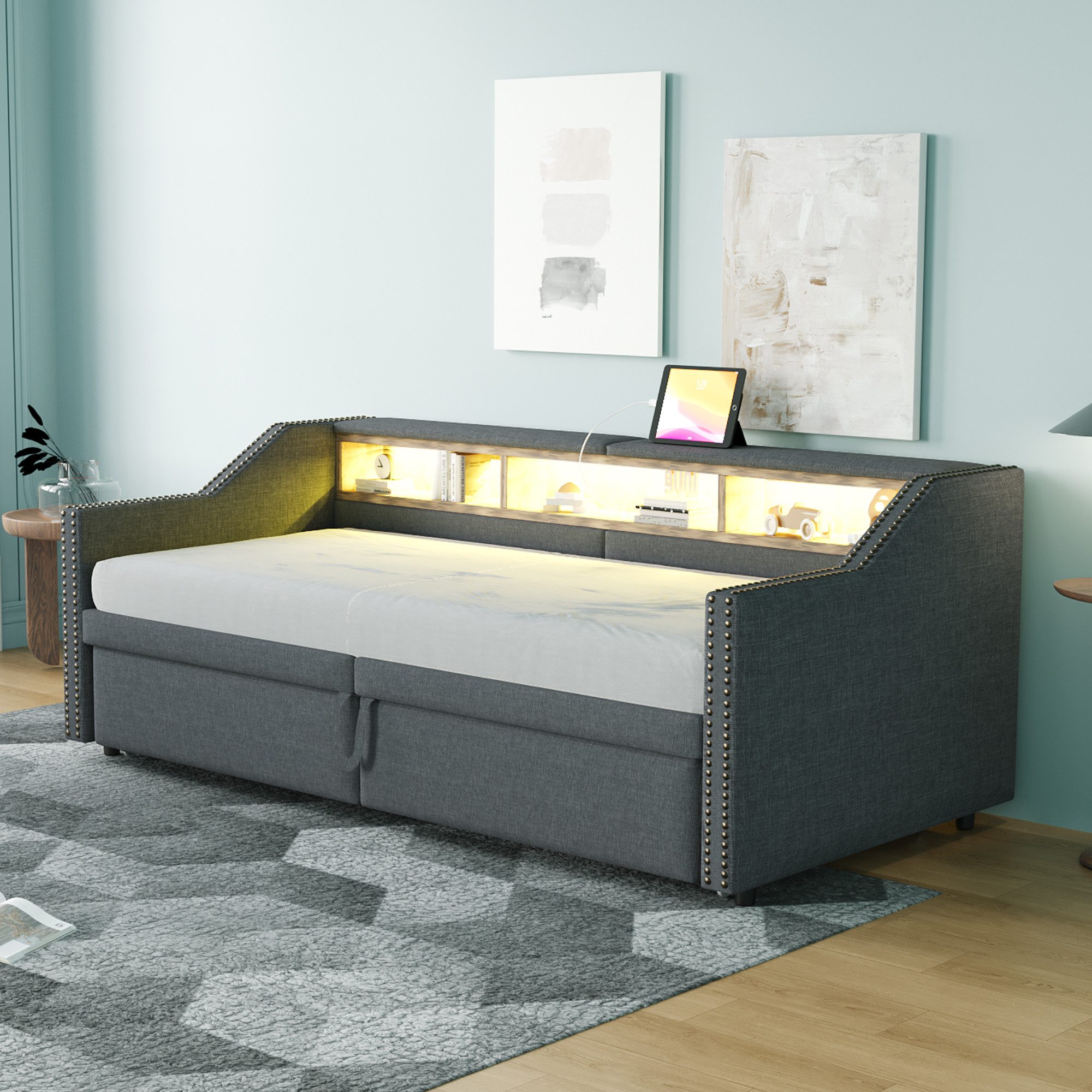 MODFU Schlafsofa mit ausziehbarem Bettgestell, 90/180x200 cm, mit Lattenrost, USB-Ablagefächern, ohne Matratze
