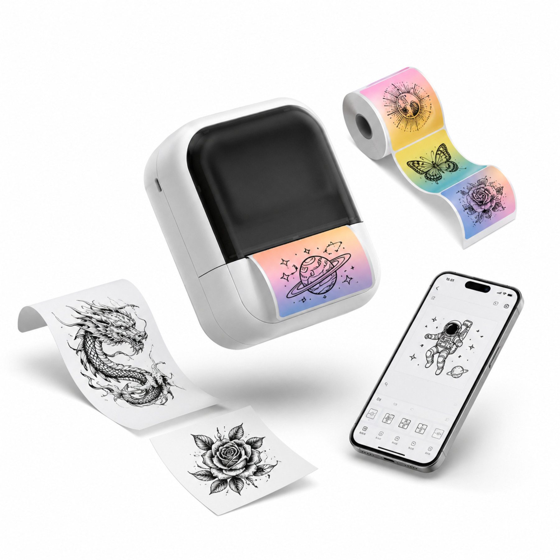 Fyrove Mini Bluetooth Etikettendrucker & Etikettendrucker, (tragbarer Thermodrucker 15–57 mm, kabelloser Motivdrucker, Android/iOS/HarmonyOS,für Etiketten,Bilder & Notizen)