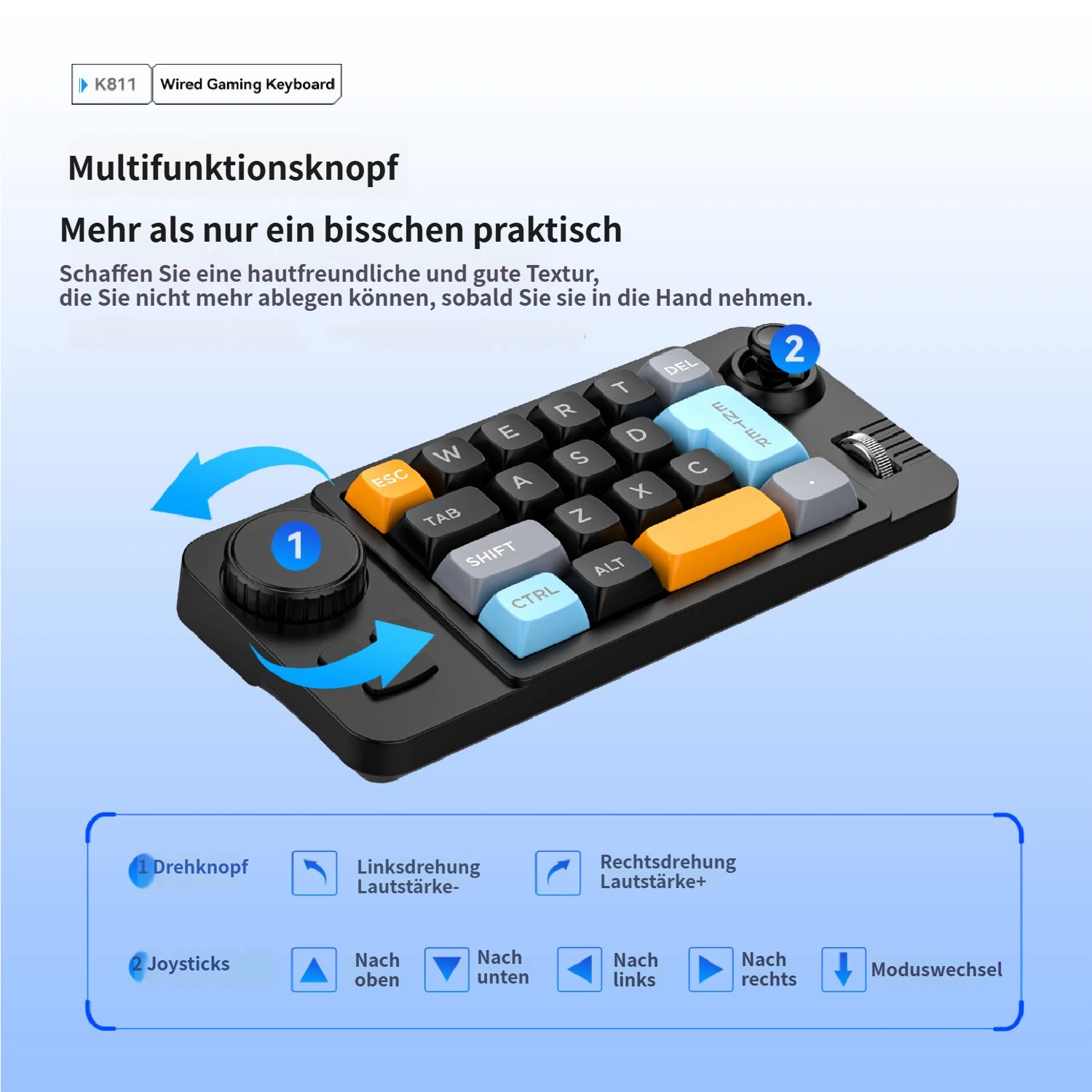 KINSI Einhand-Mechanische Gaming-Tastatur,19 Tasten Hot-Swap Gaming-Tastatur (Makro programmierbar, RGB-Beleuchtung mit Drehknopf & Joystick)