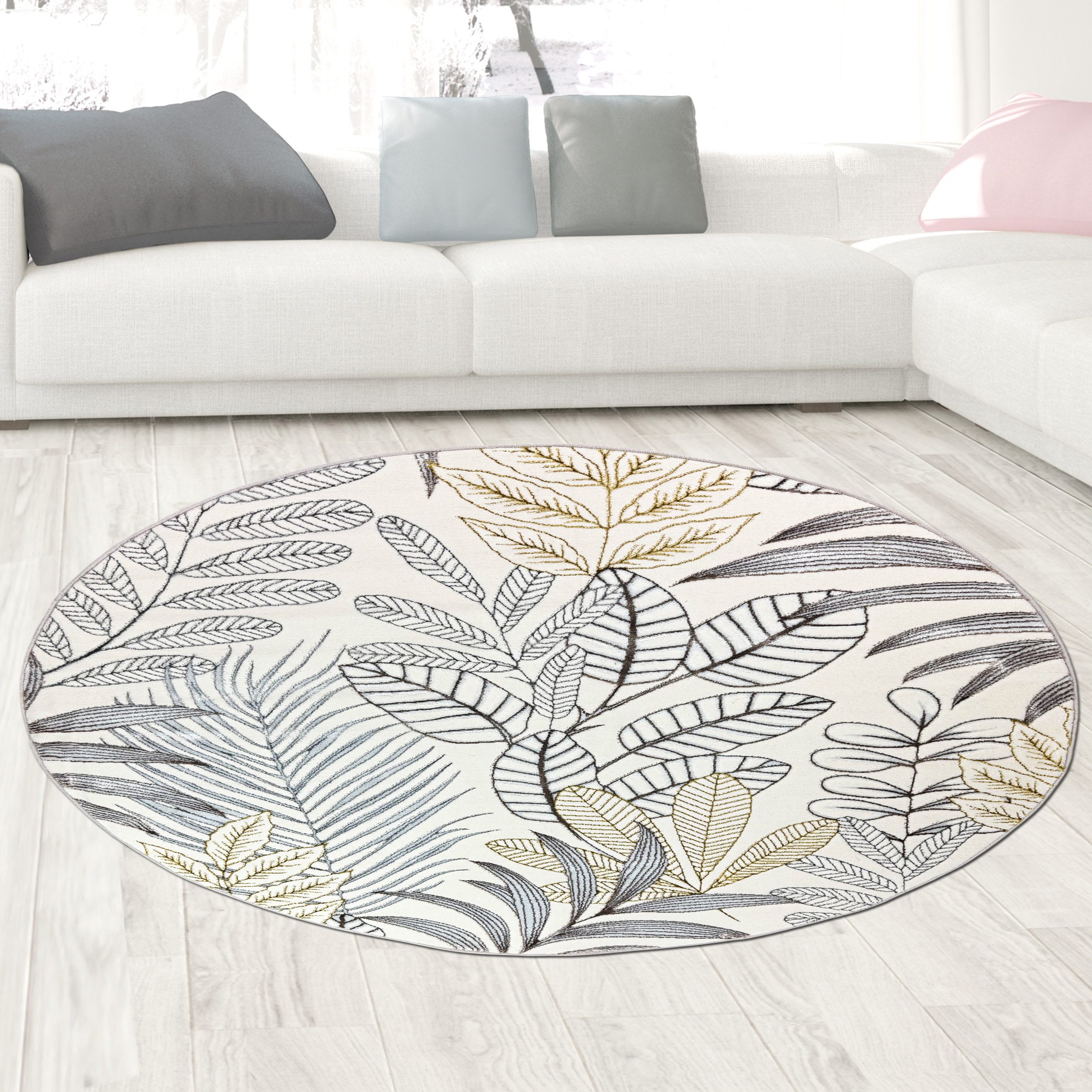 Carpetia Teppich Kurzflorteppich Creme Blätterdesign mit Glanzoptik modern, rund