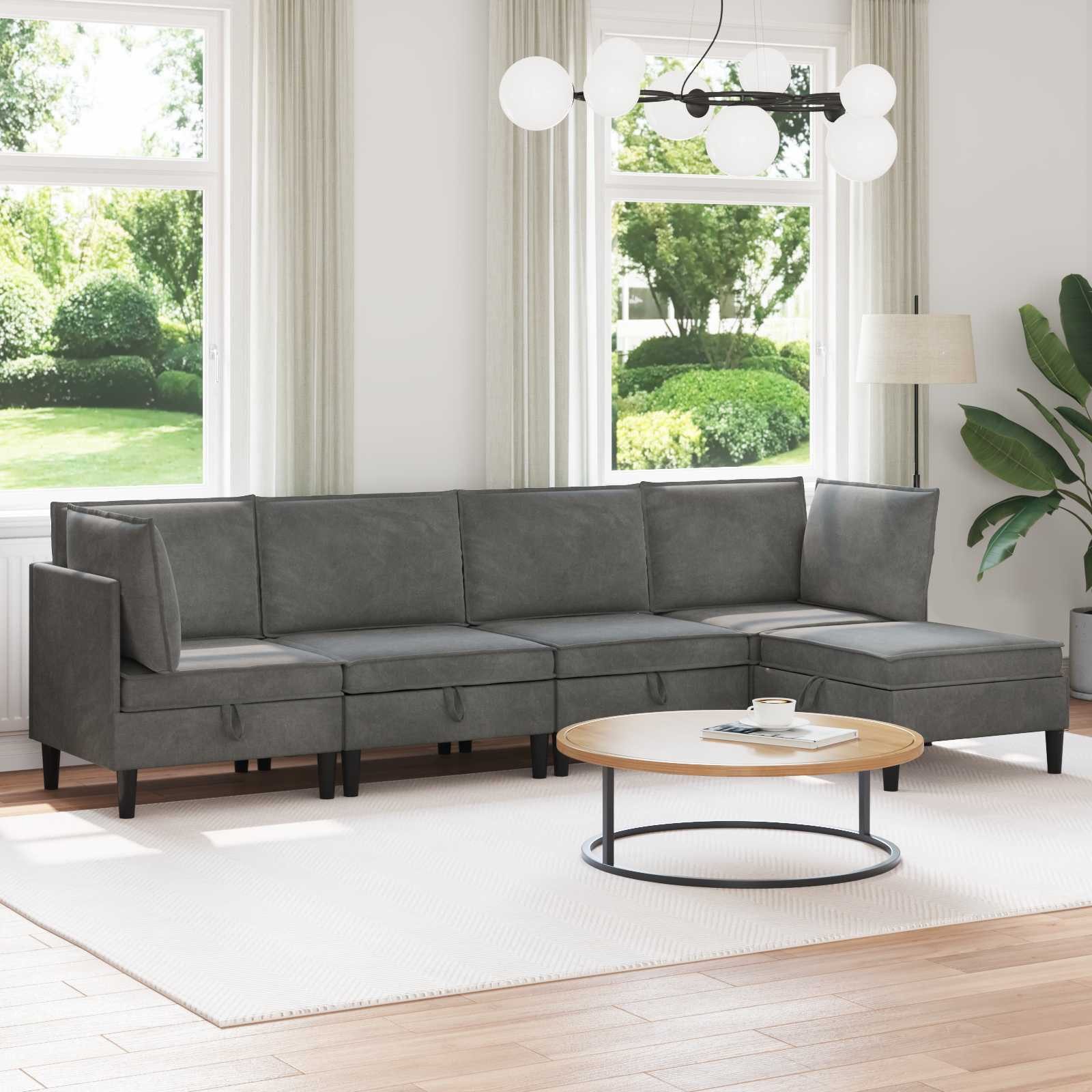 vidaXL Wohnzimmer-Set Wohnzimmergarnitur mit Kissen 5 pcs Dunkelgrau Samt, (5-St)