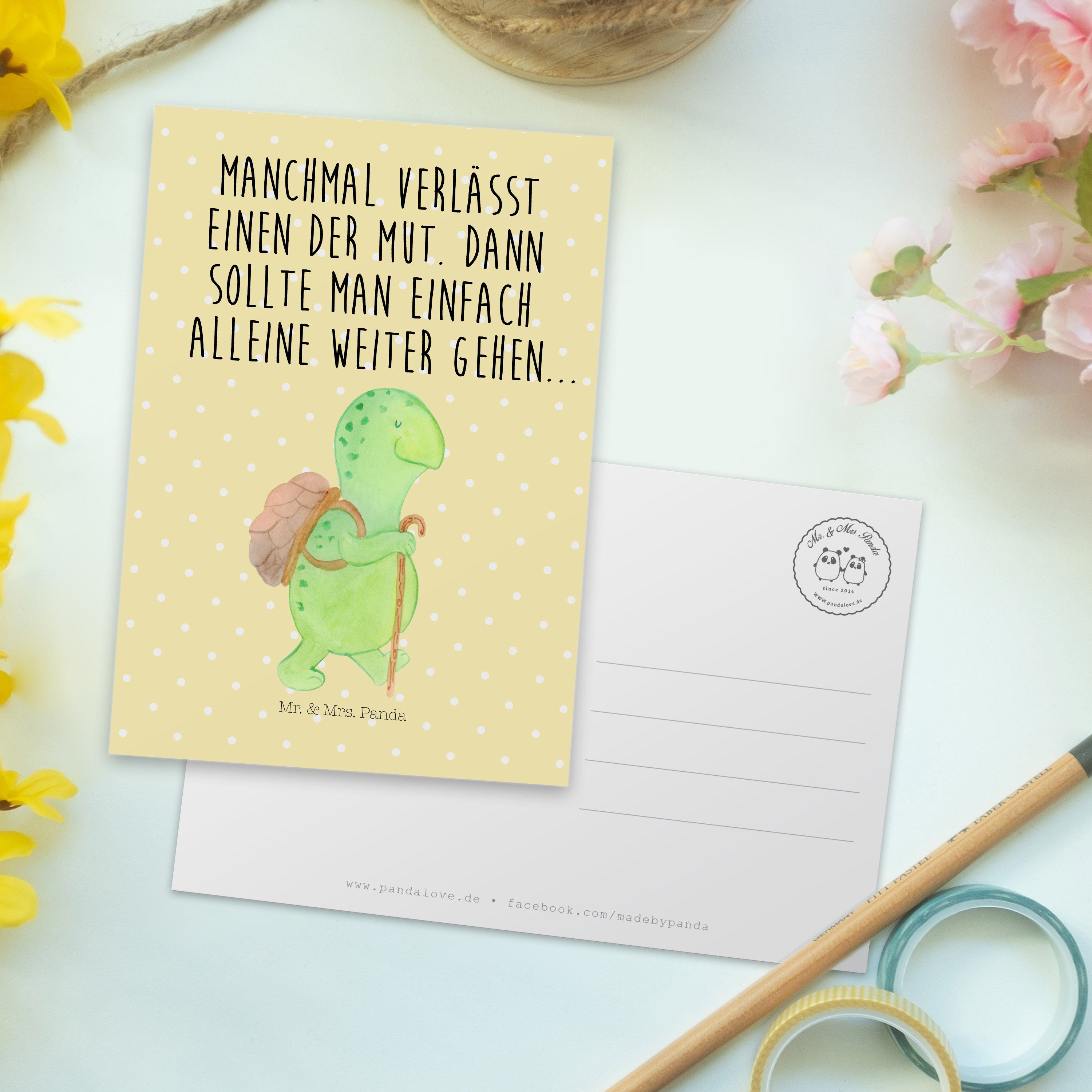 Postkarte & - Schildkröte Geschenk, Pastell Mot Panda Gelb Wanderer - Geburtstagskarte, Mr. Mrs.