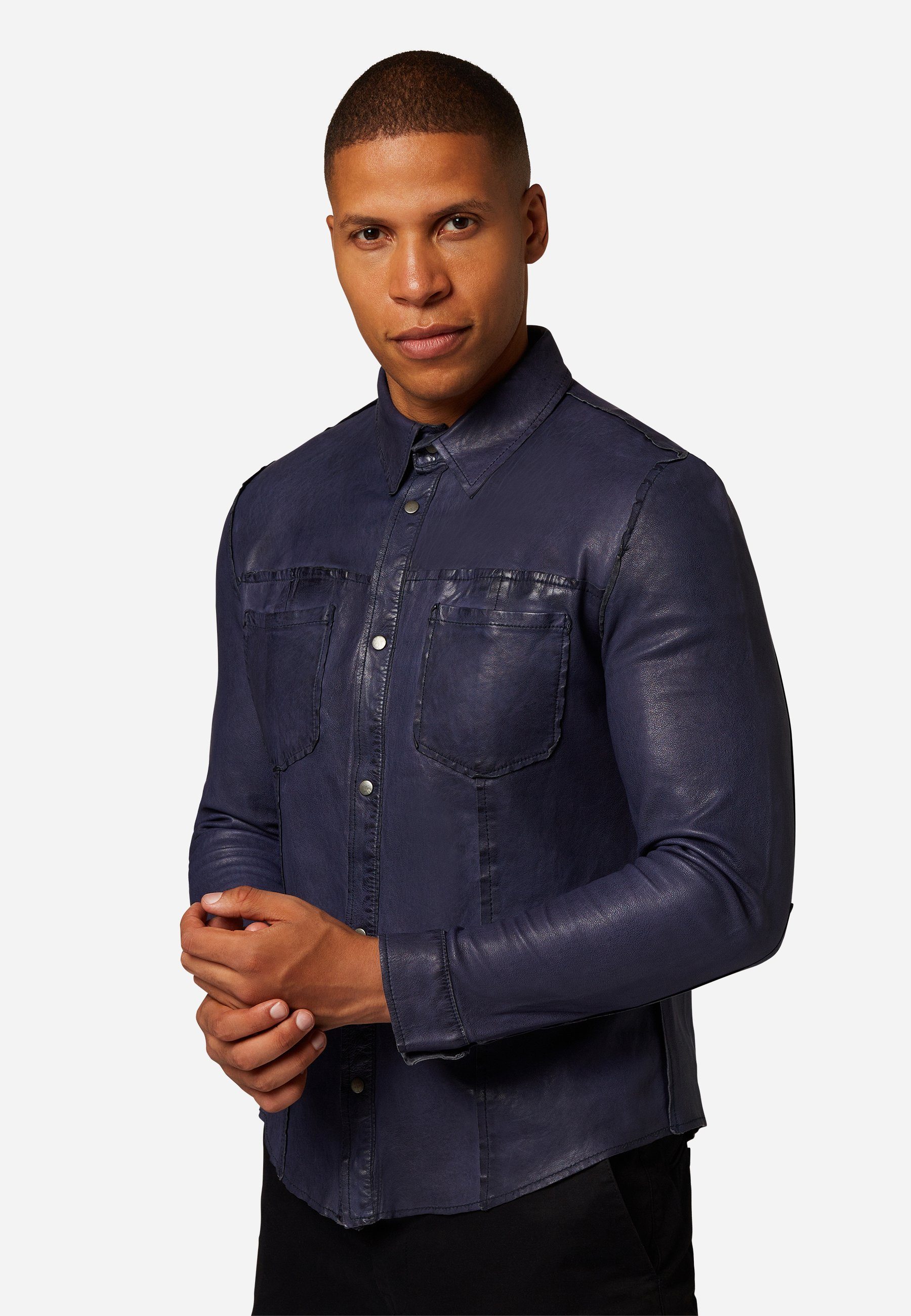 Lamm 2-in-1-Langarmshirt - Shirt Blau Hochwertiges Wendbar Leder, Navy Beidseitig tragbar Reverse RICANO