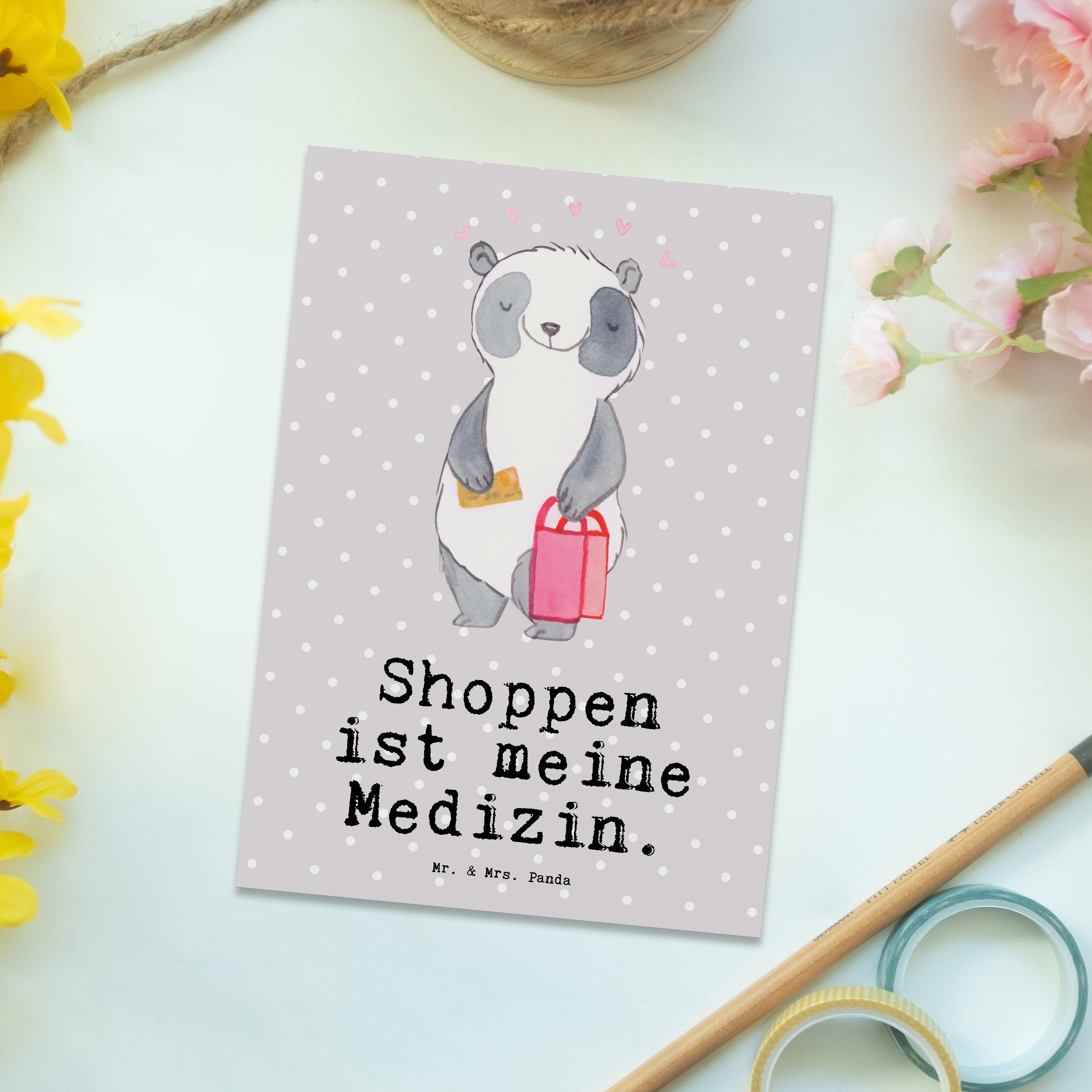 Mr. & Mrs. Shopping - Panda Geschenk, Dankeskarte, Medizin Ansich Postkarte - Pastell Grau Panda