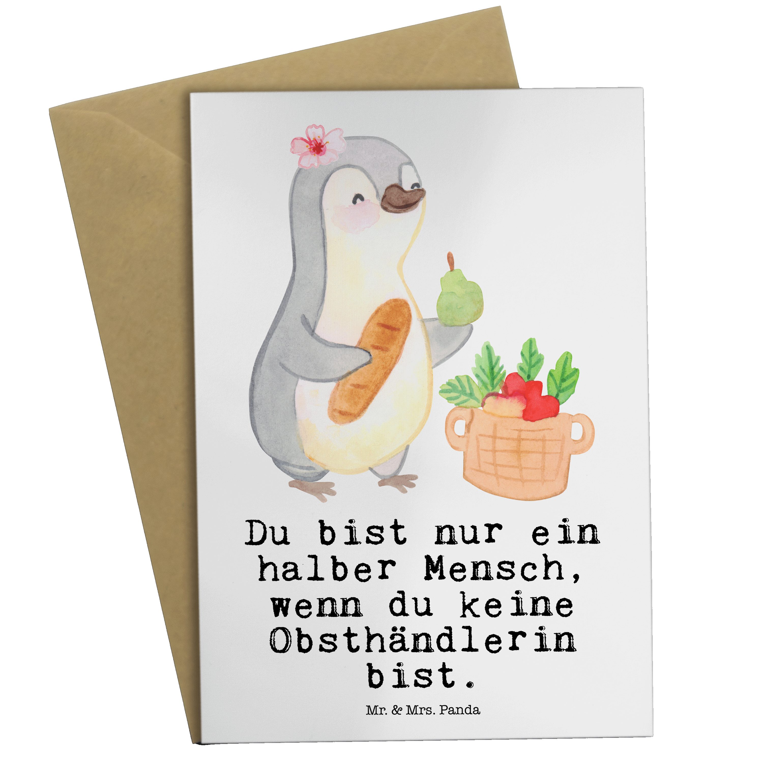 Mr. & Mrs. Panda Grußkarte Obsthändlerin mit Herz - Weiß - Geschenk, Glückwunschkarte, Abschied