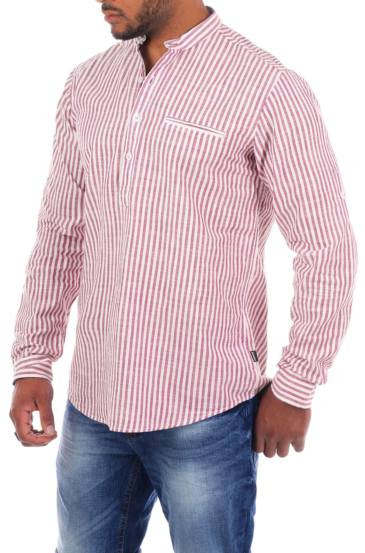 CARISMA Langarmhemd Herren Baumwoll Leinen Mix Tunika Hemd 8454 Regular Langarm Stehkragen Gestreift – Bild 3 von 3