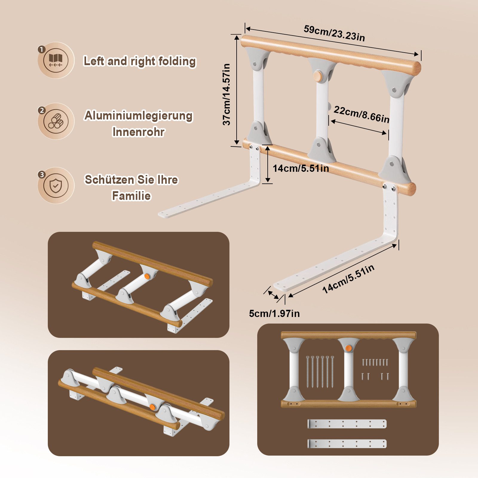 HEUFFE Bett - Aufstehhilfe Faltbares Bettgitter, Pflegebettgitter, aufstehhilfe Rausfallschutz, Klappbare Bettschiene mit Sturzsicherung-Holz