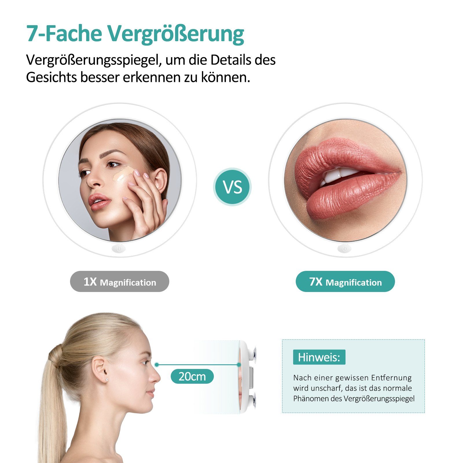EMKE Schminkspiegel LED Kosmetikspiegel mit Saugnapf 7X Vergrößerung mit Licht, Make up Schmink Spiegel Tragbarer Wandspiegel Batteriebetrieben, Weiß