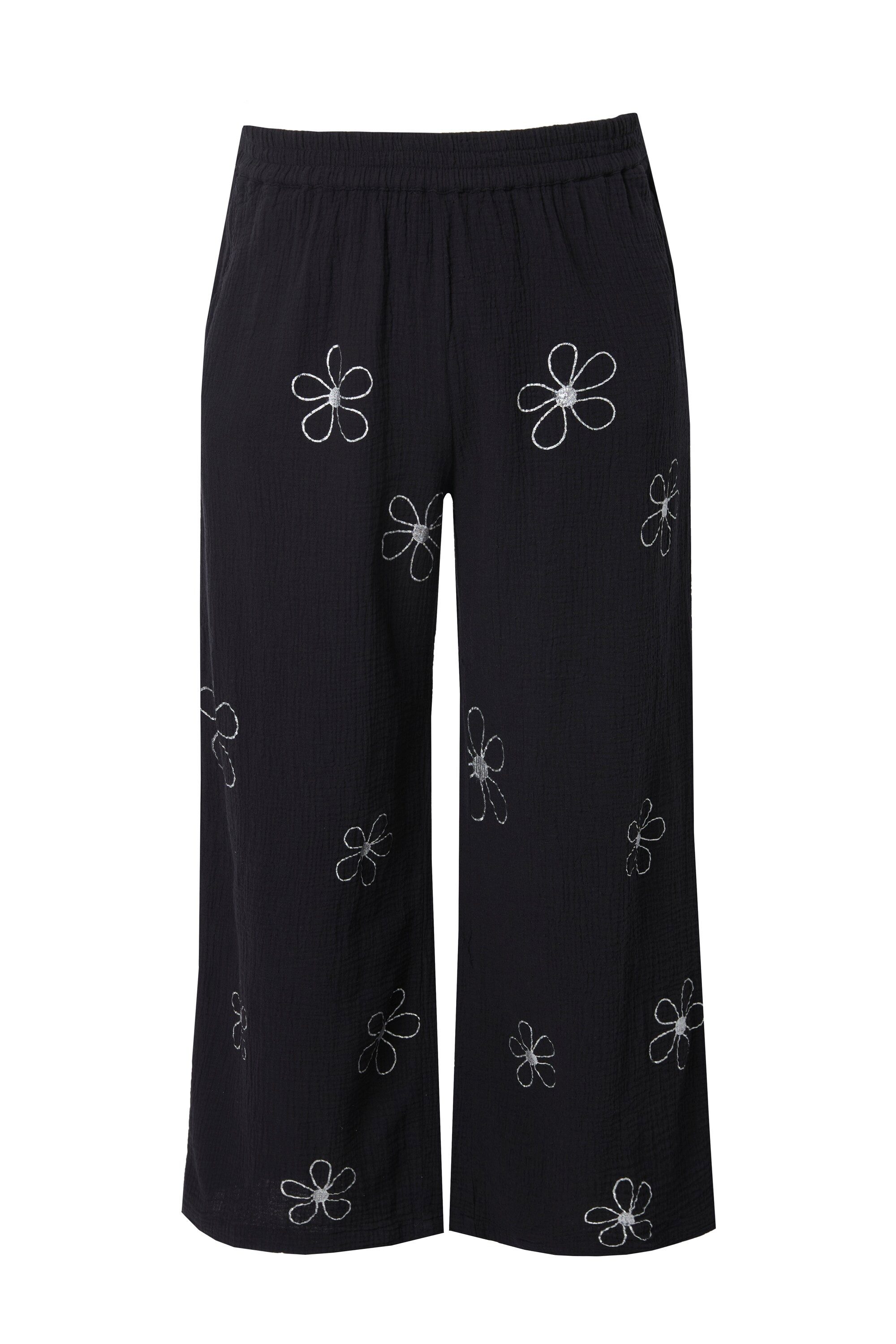 MIAMODA Funktionshose Culotte weites gerades Bein Musselin Silber-Blüten