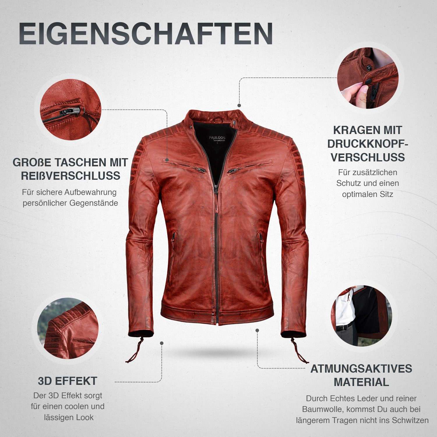 PAULGOS Lederjacke Herren Jacke Übergangsjacke Biker Look 100% Echtleder D2 – Bild 2 von 5