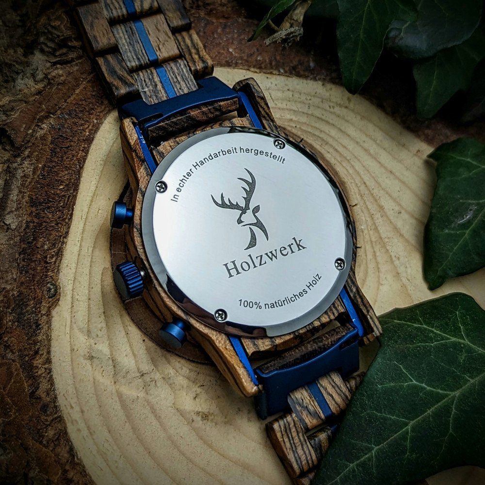 Datum Holzwerk in braun, Chronograph Holz Uhr SEELAND mit Herren Armband blau metallic