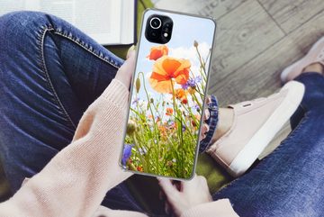 MuchoWow Handyhülle Blumen - Mohn - Frühling - Natur - Rot - Blau, Phone Case, Handyhülle Xiaomi Mi 11, Silikon, Schutzhülle