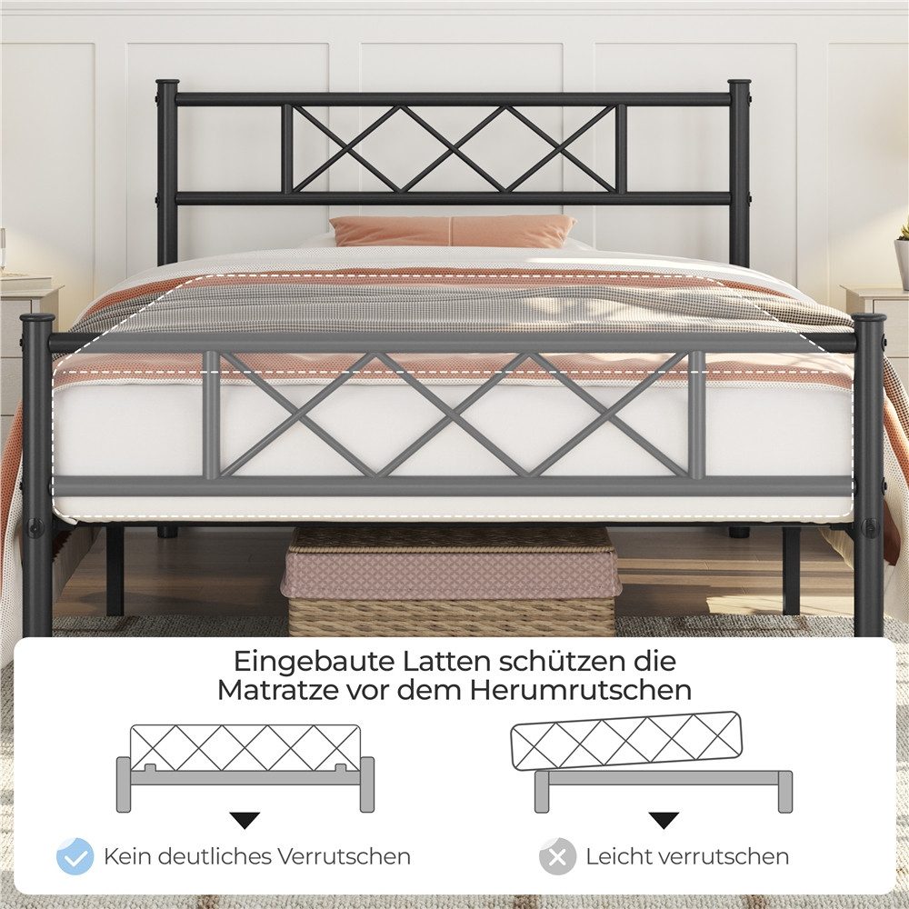 Yaheetech Bettgestell Metallbett mit Lattenrost, Bettrahmen mit Kopfteil, für Schlafzimmer, 90/140 cm (B)