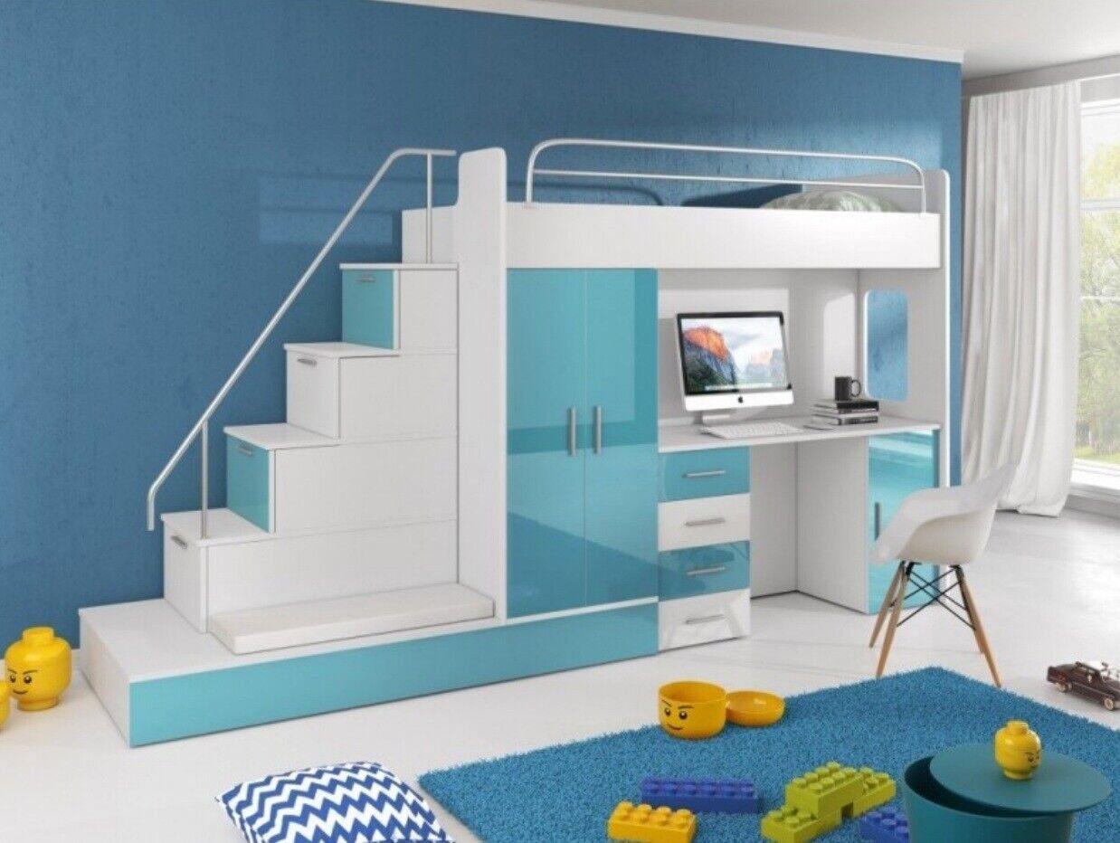 JVmoebel Hochbett Etagenbett Hochbett Blau Kinderzimmer Betten Hochbetten Etagen Turkis