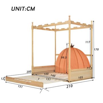 Gotagee Himmelbett Erweiterbares Holzbett Kinderbett Doppelbett Kiefernholz 140x100&200cm, Samtkissen in Kürbisform