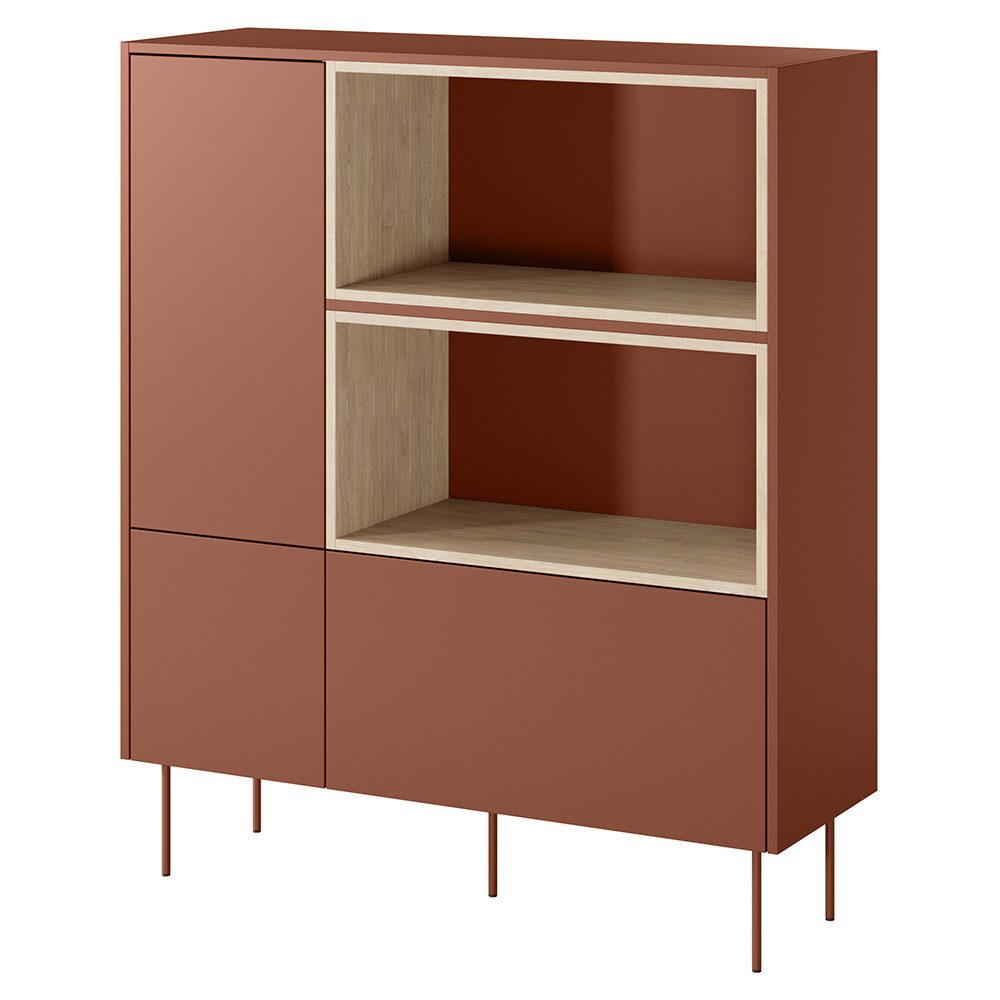 Lomadox Highboard DELFT-141, in rot und Eiche, 120 cm breit, grifflos