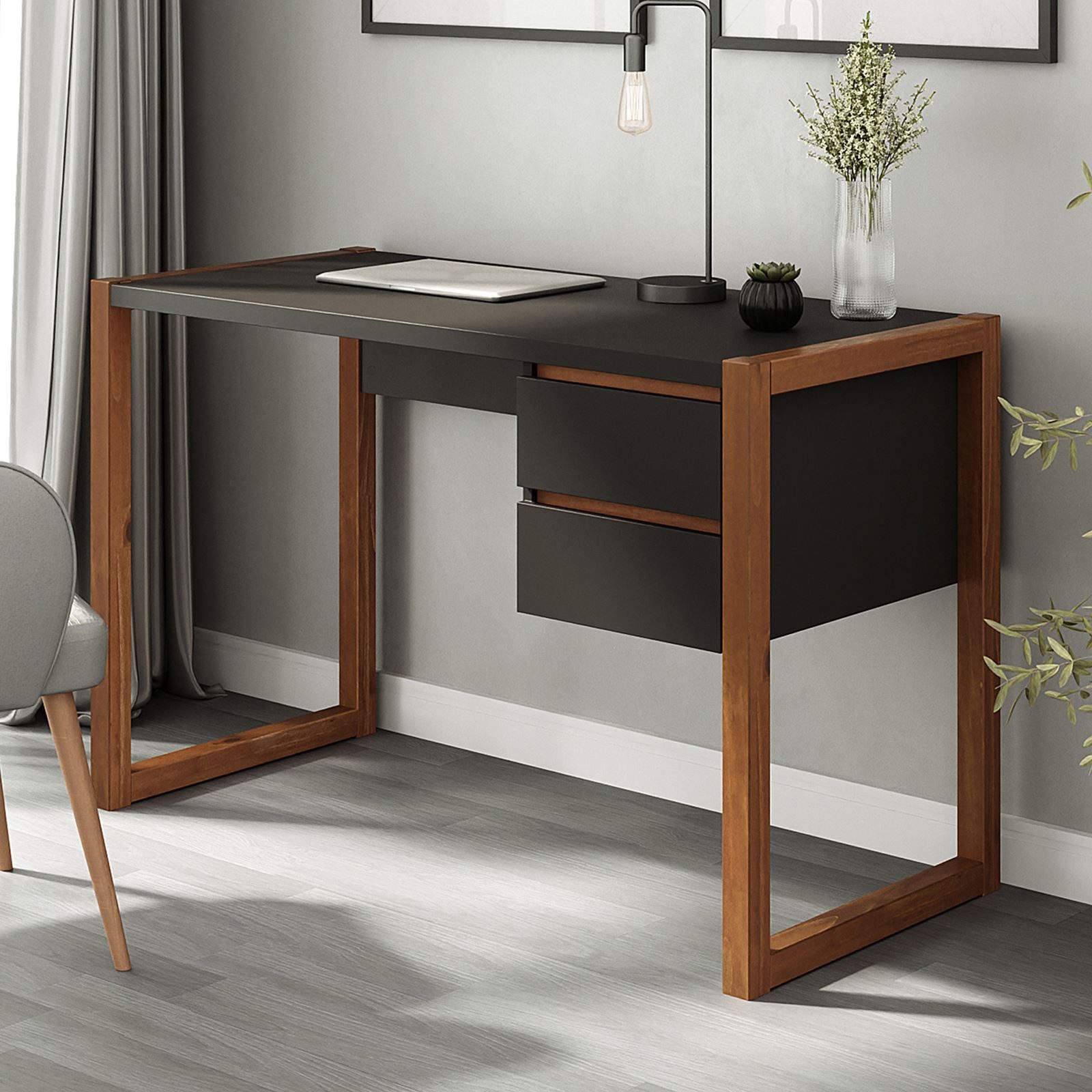 IDIMEX Schreibtisch BELINDA, Holztisch mit zwei Schubladen Schwarz/Kastanie günstig online kaufen