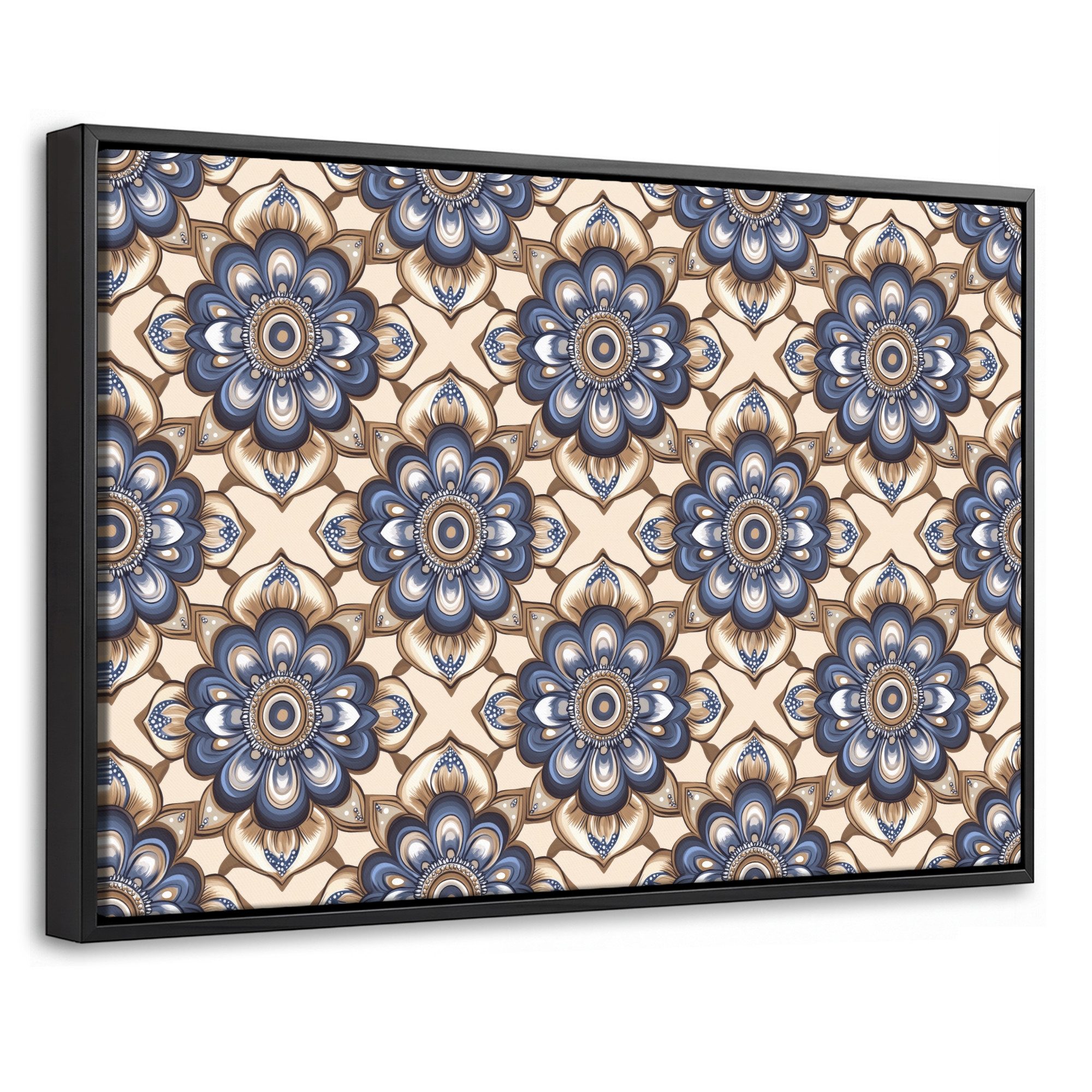 OneMillionCanvasses® Leinwandbild mit Rahmen - Floral - Ornament - Blau, Fotodruck (1 St), Bilder, Zimmer Wand Bild Dekoration 30x20cm
