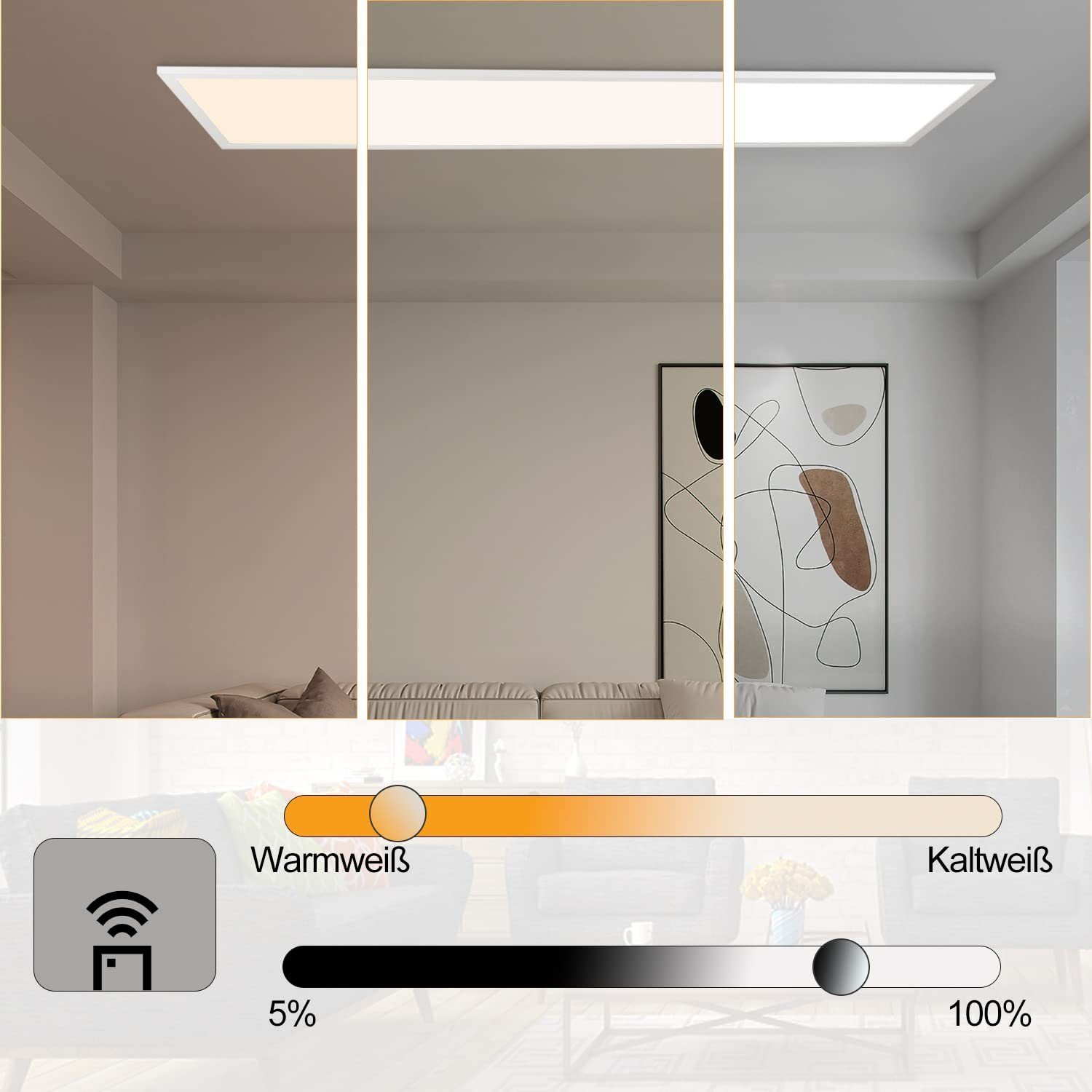 ZMH LED Panel Deckenleuchte 120 cm dimmbar mit Fernbedienung,3000–6500 K, Dimmbar, Memory-Funktion, LED fest integriert, Kaltweiß, Warmweiß, Tageslichtweiß, 48W 3840 lm, Helligkeit von 5–100 %