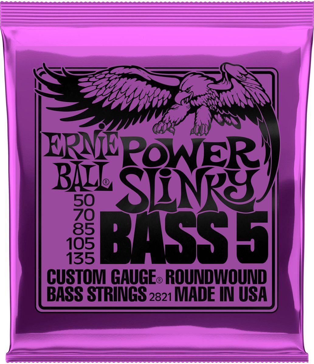 Ernie Ball Saiten 2821 Power Slinky Basssaiten 5-saitig (50-135), (Packung, 5-tlg), Keine Beschichtung