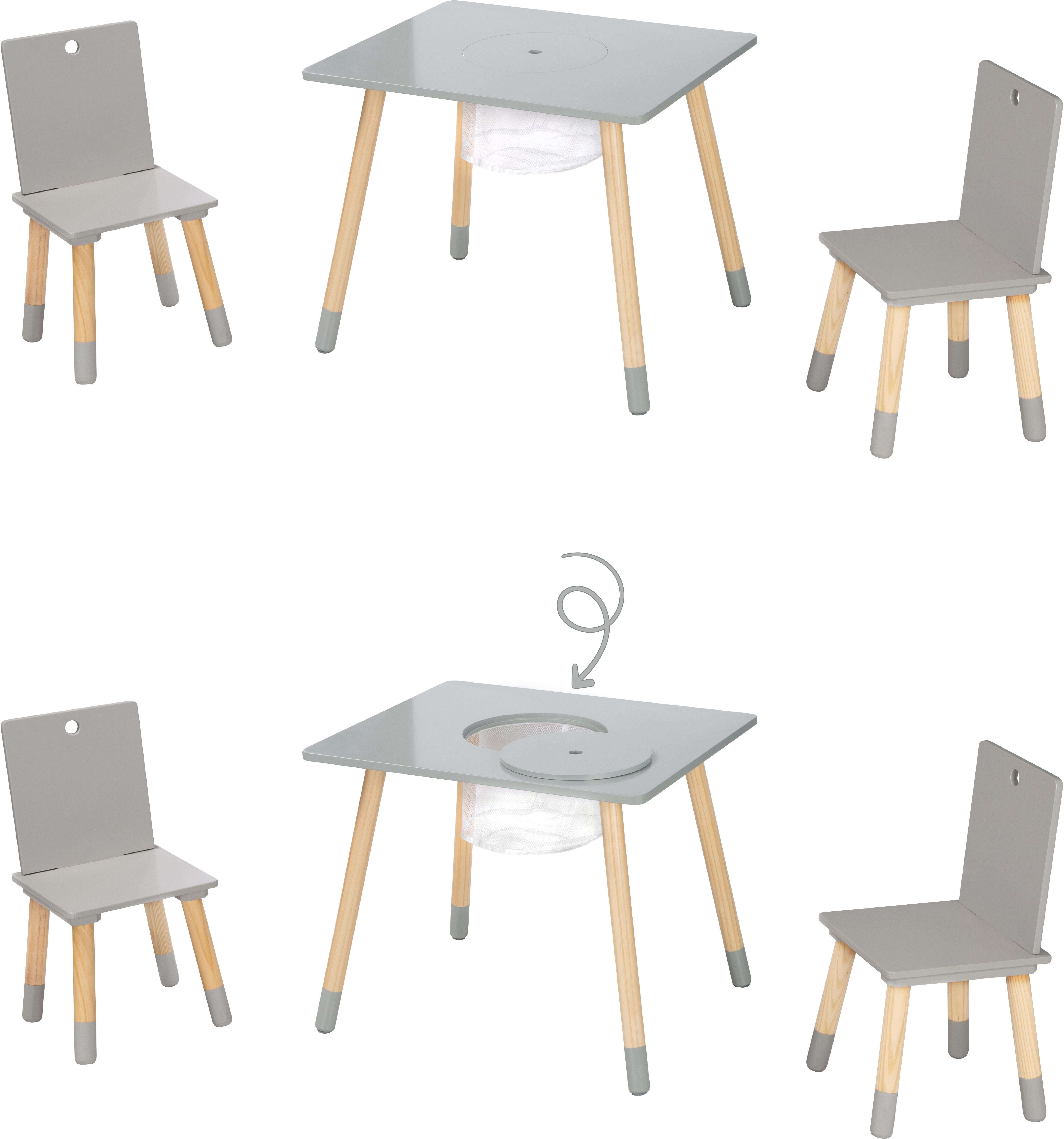 roba® Kindersitzgruppe Sitzgruppe mit Aufbewahrungsnetz, grau, aus Holz