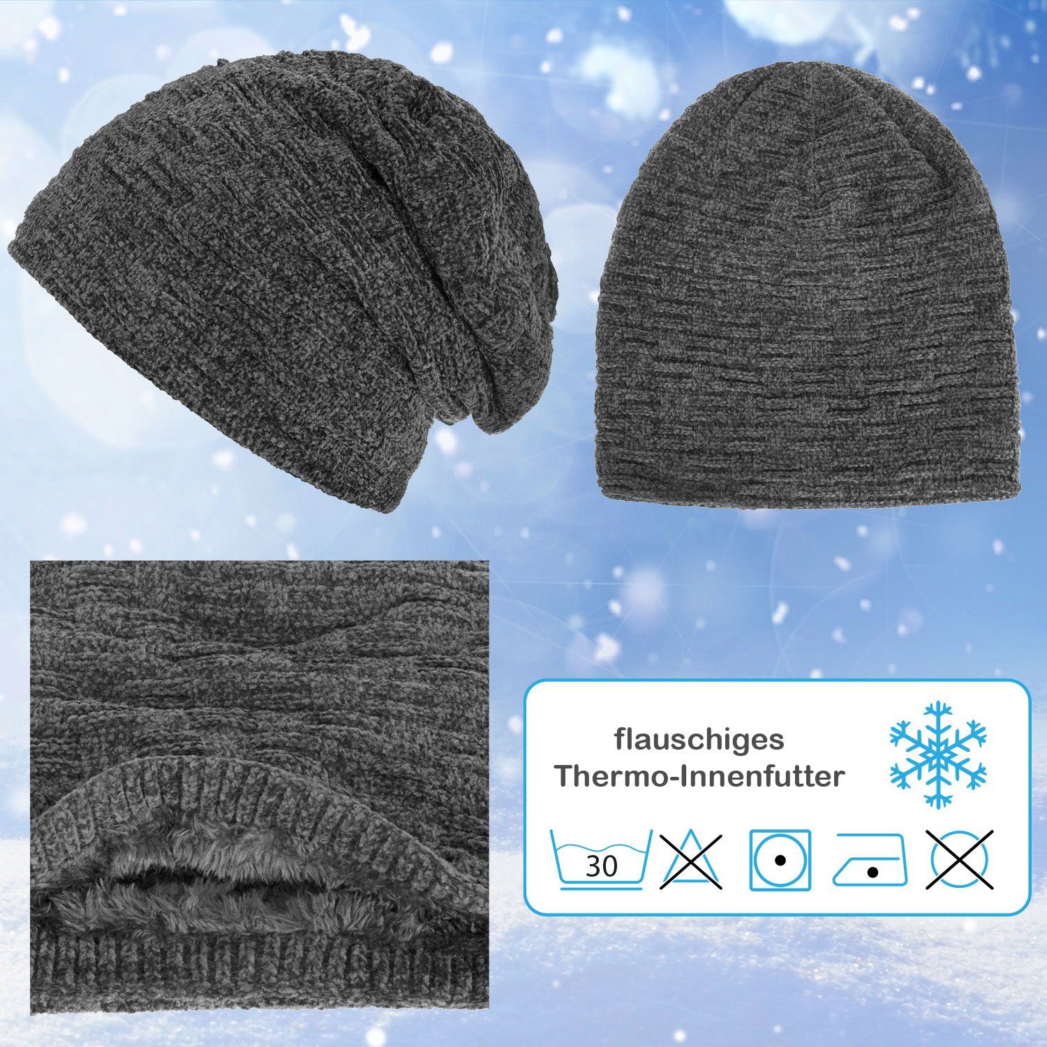 Wintermütze Strickmütze gefütterte Warm Beanie Grau Damen und Herren Samt Strickmütze (1-St) compagno