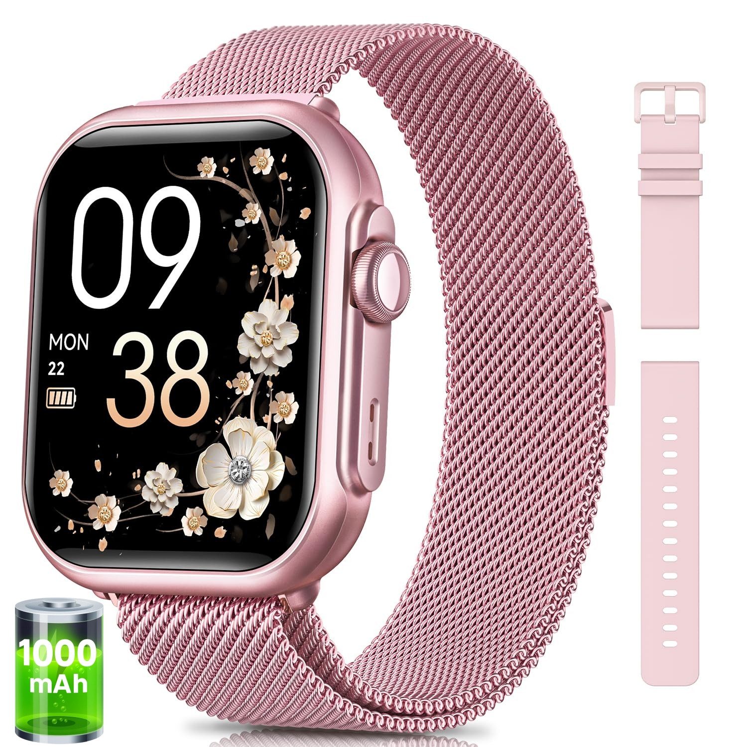 BANLVS 2025 1000mAh Akku Smartwatch Herren Damen 1.83 " AMOLED Display Smartwatch (4,65 cm) 120+ Sportmodi, Silikonarmband und Edelstahlarmband sind austauschbar, Blutdruck-/Herzfrequenz-/SpO2-/Schlafüberwachung