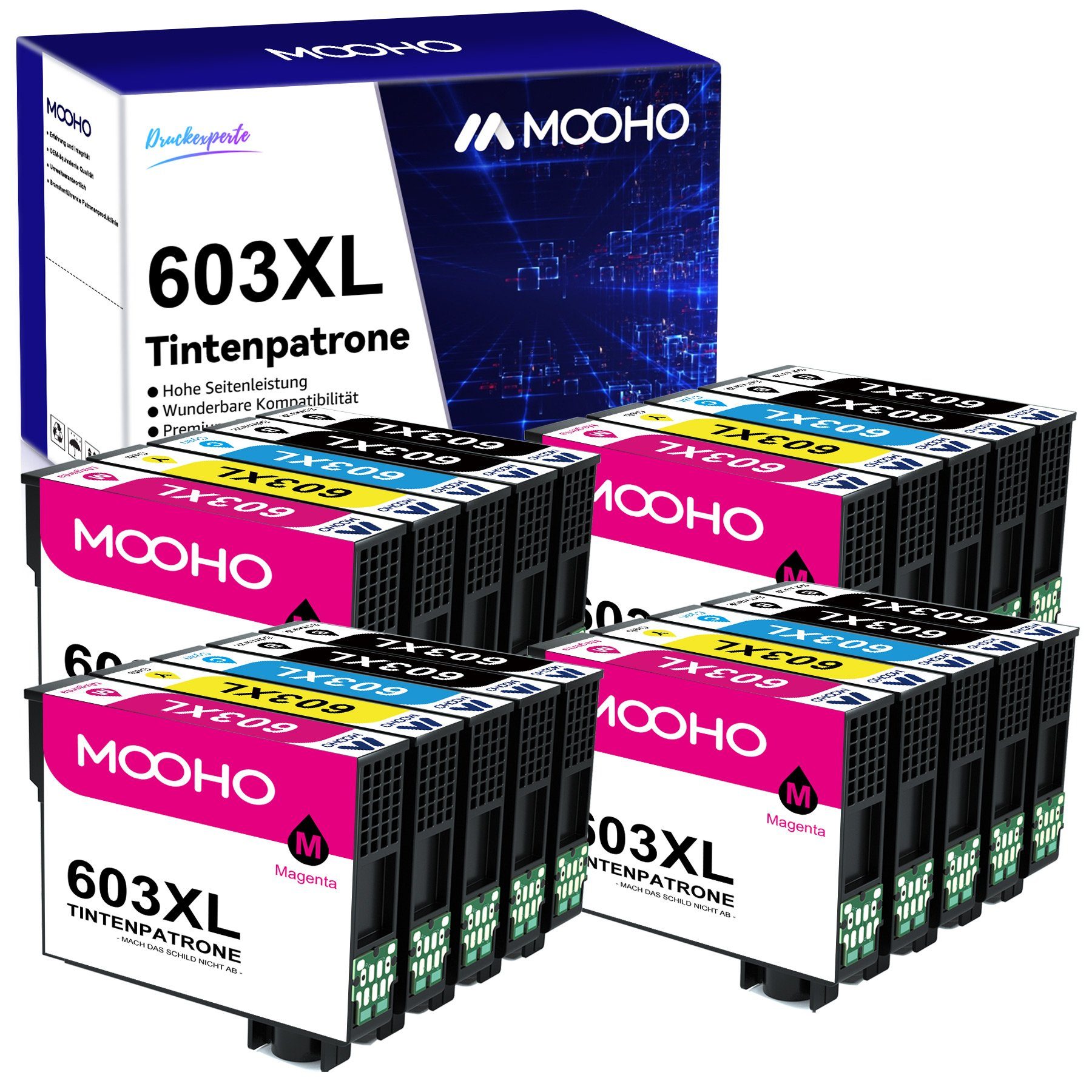 MOOHO 4x (20er-pack) ersetzt Schwarz, WF-2810 Gelb Tintenpatrone WF-2830 603 8x Magenta, WF-2850 für Cyan, 4x EPSON XL 603XL 4x