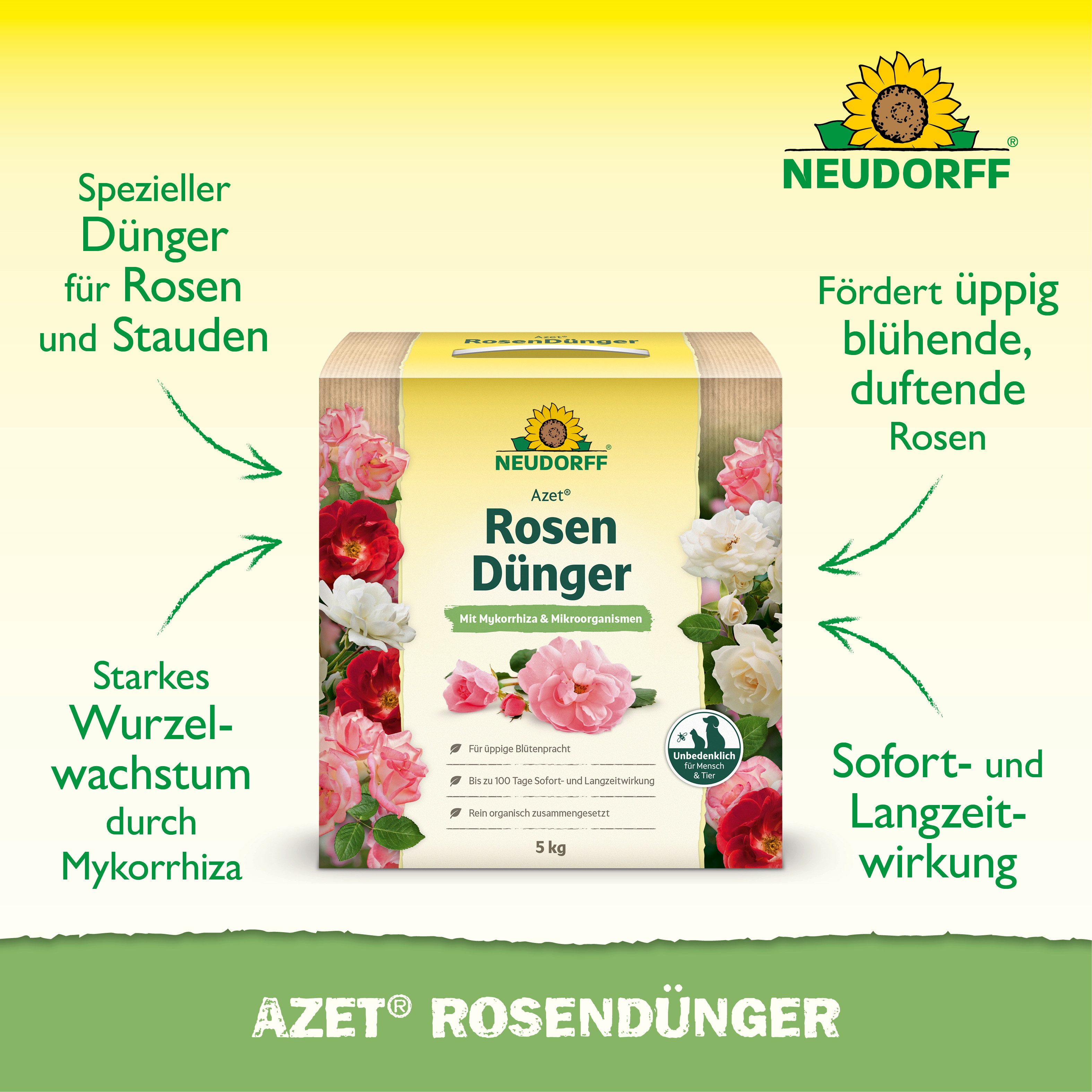 Neudorff Blumendünger Azet RosenDünger 5 kg, Granulat gleichmäßig verteilen, leicht einarbeiten und anschließend gründlich wässern., für langanhaltend farbenfro – Bild 2 von 5