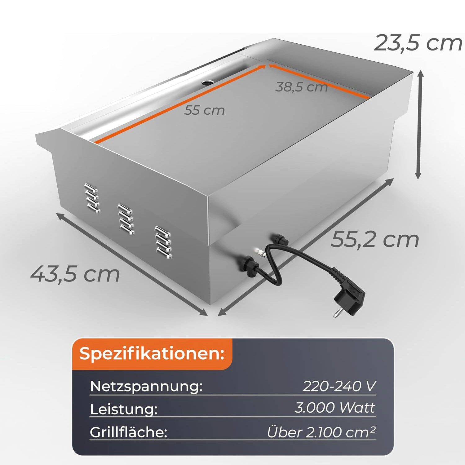 KLAMER Elektrogrill Edelstahl 3000W, XL Grillplatte 54,5x38,5 cm, Tischgrill Elektrisch 5…, 3000 W, Anti-Haft-Oberfläche, Fettbehälter, Stufenlose Temperaturregelung