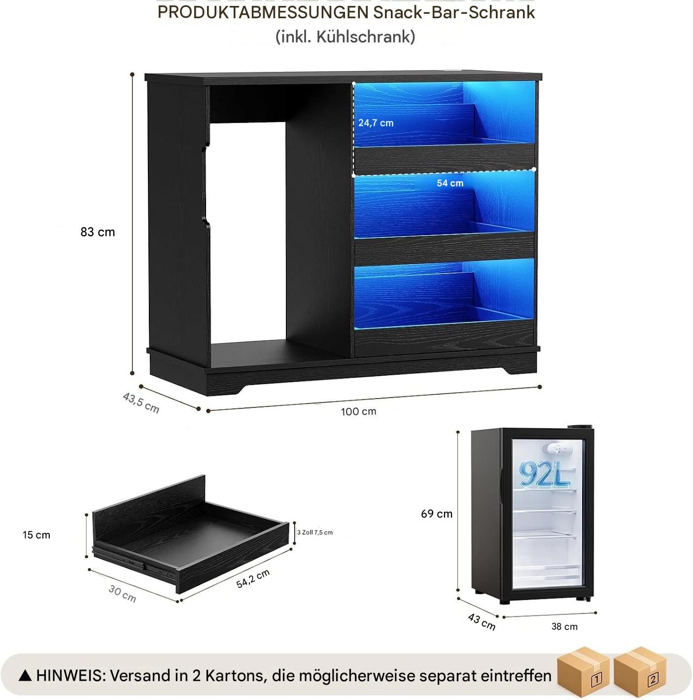 BROTTAR Kühlschrank Snackschrank - Kaffeebar mit Kühlschrank, LED-Beleuchtung BC-92S, 83 cm hoch, 100 cm breit, mit Stauraum und Bewegungssensor, Schwarz