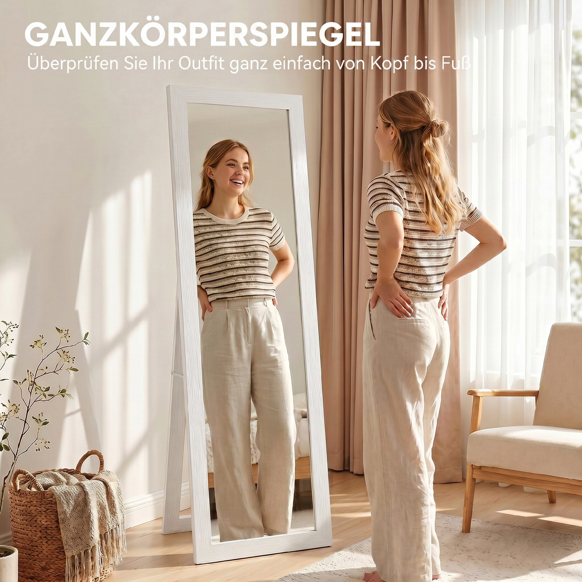 furnicato Standspiegel Hoher Ganzkörperspiegel 37L x 3,8B x 157H cm in Weiß (1-St), Wandspiegel mit Standfüßen, dickem Glas für Schlafzimmer und Flure