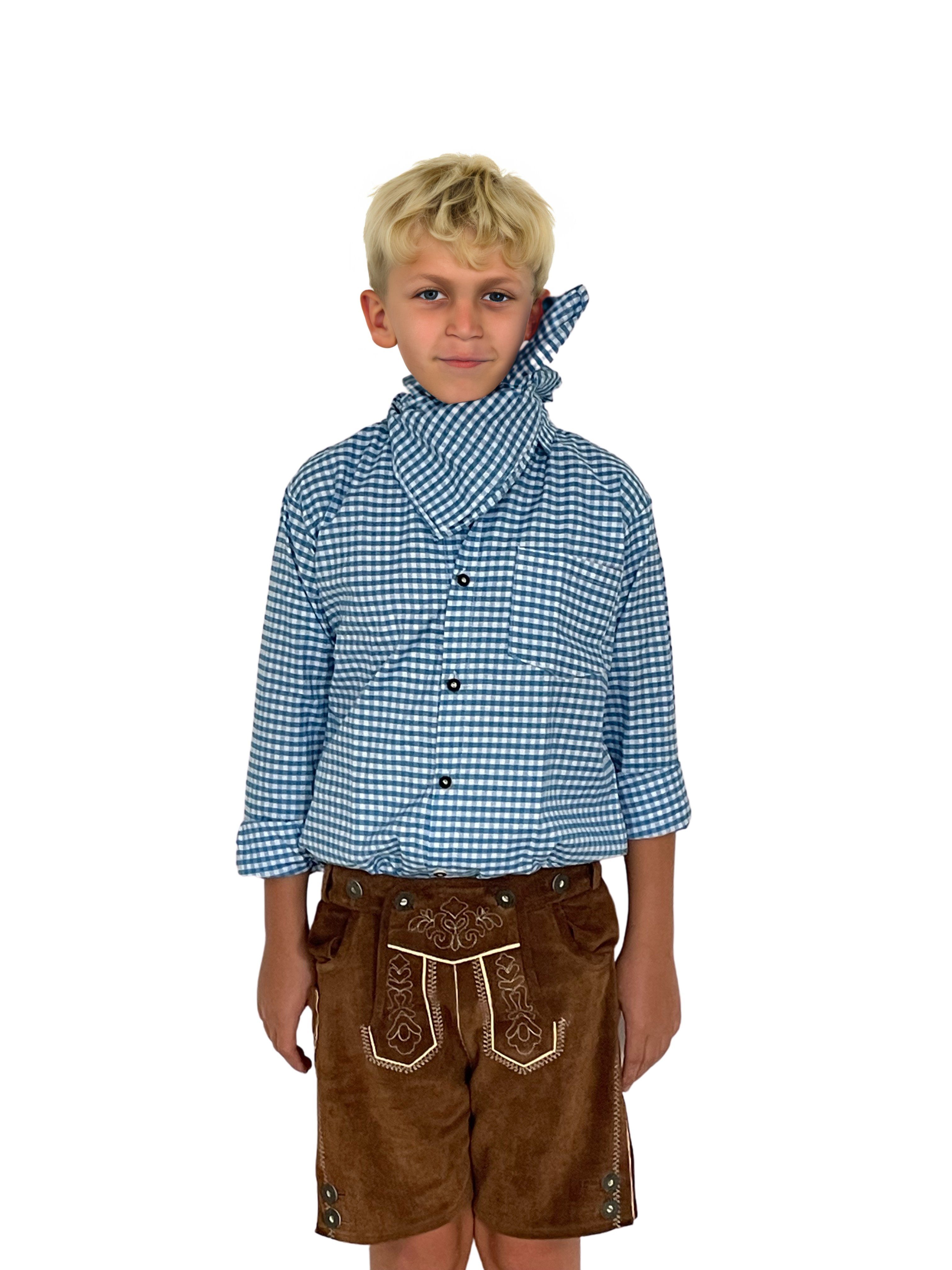 Trachterbahn Trachtenhemd Trachtenhemd Junge kariert Baumwolle langarm mit Halstuch 45x45 cm hellblau kariert