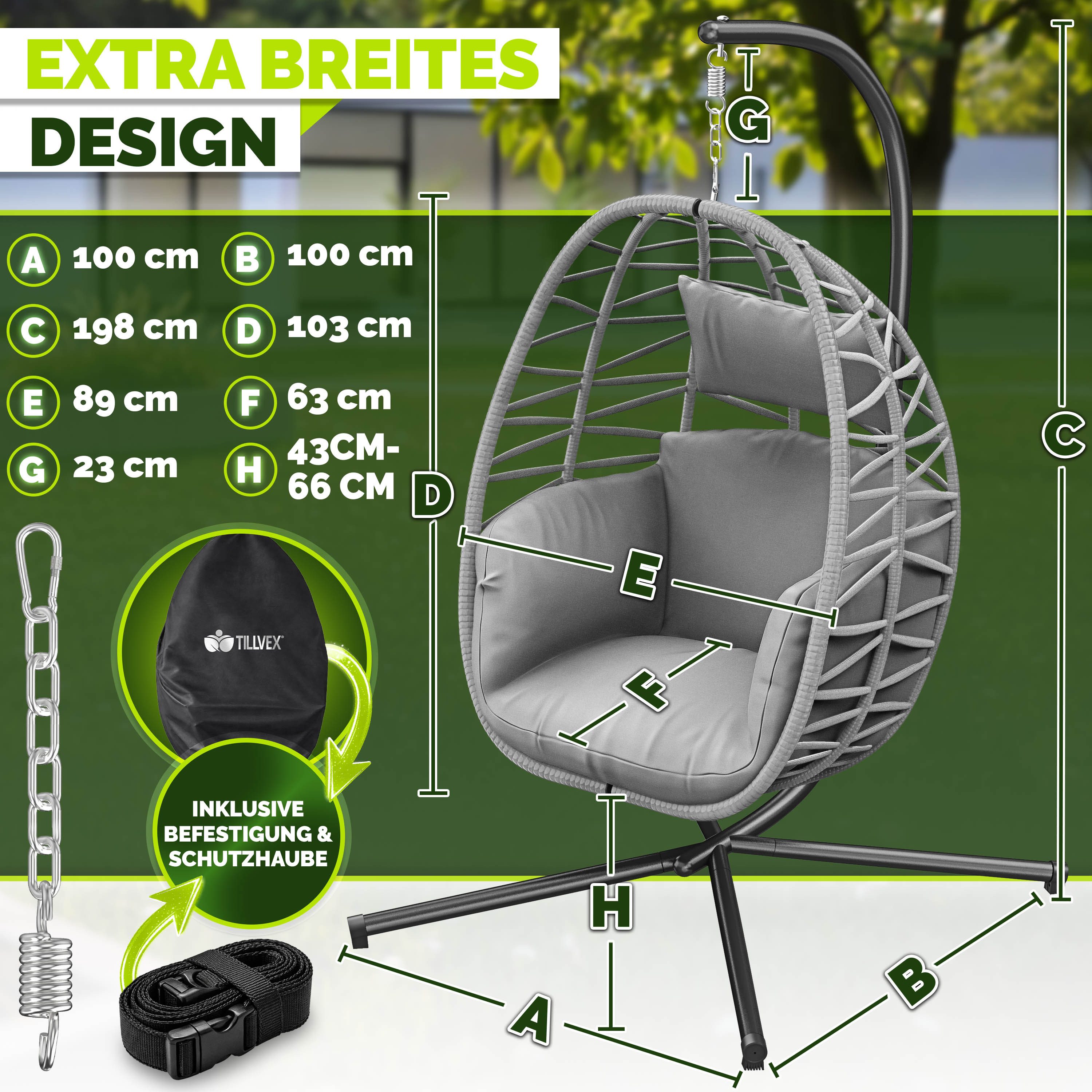 tillvex Hängesessel tillvex® Swivo Hängesessel mit Gestell inkl. wetterfester Abdeckung (Hängekorb klappbar bis 150 kg, Hängesitz aus Rattan, Hängestuhl für Indoor Garten Balkon Terrasse), mit Gestell Outdoor & wetterfester Abdeckung mit Befestigung