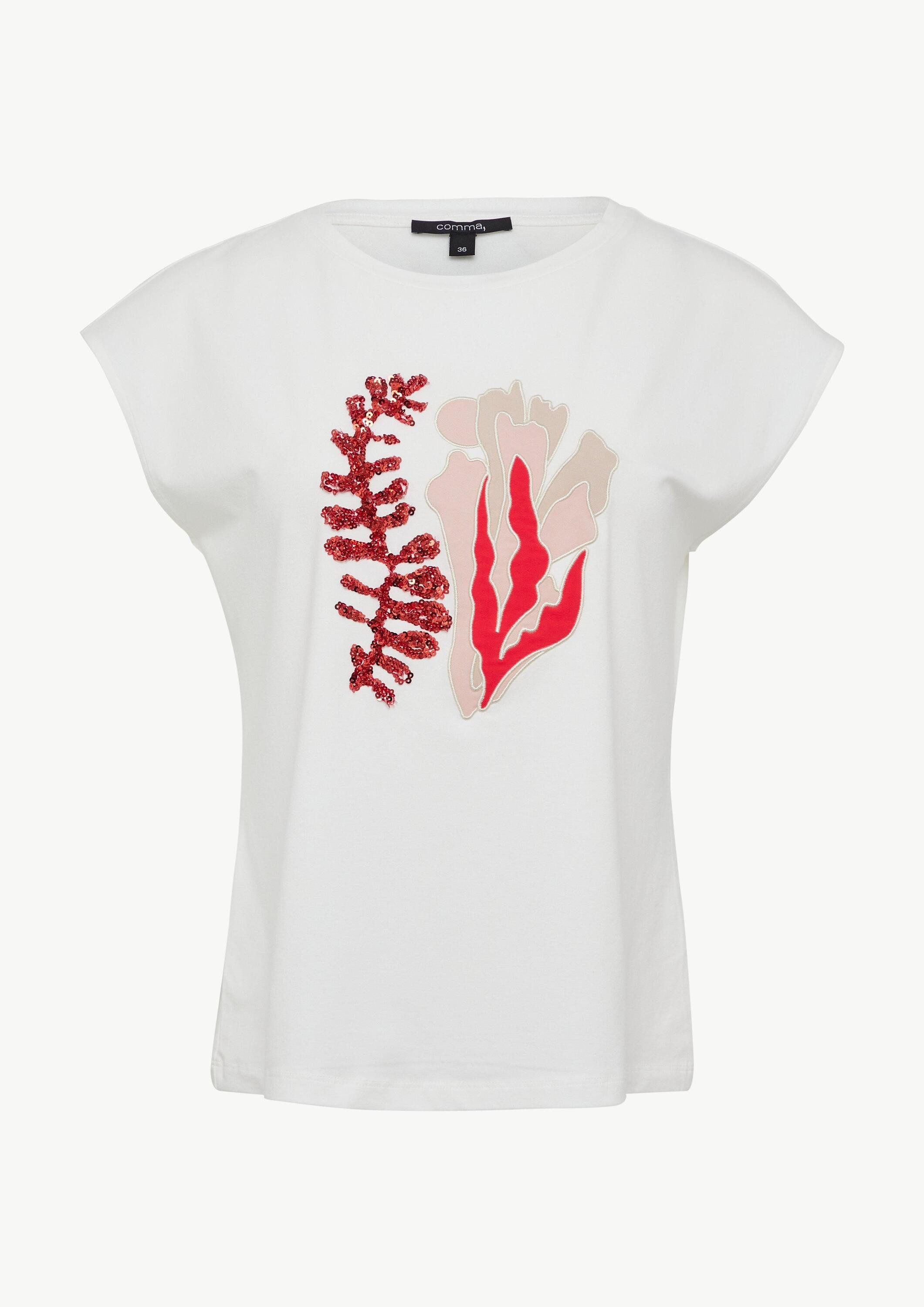 comma Kurzarmshirt T-Shirt Jersey-T-Shirt mit Pailletten und Artwork