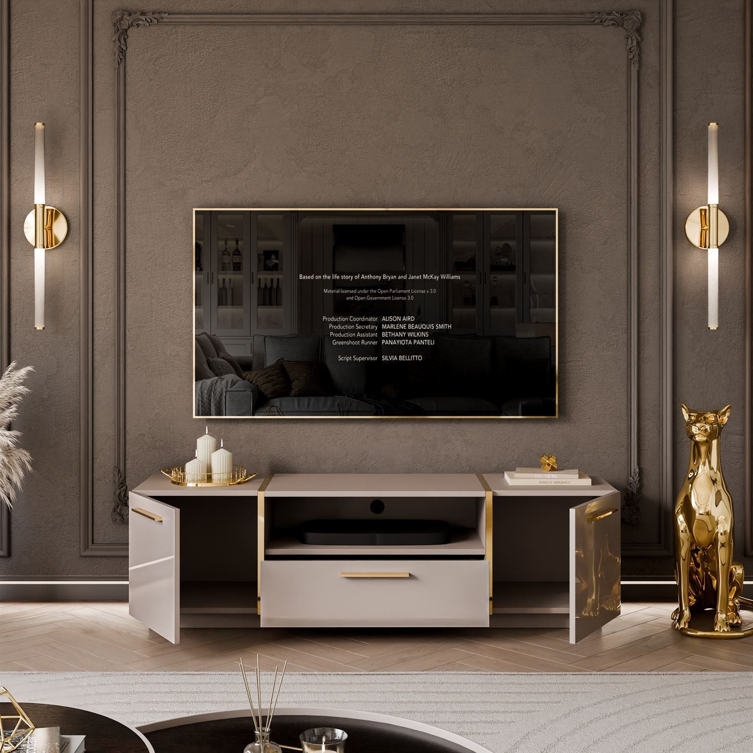 ALLHOUSE24 TV-Schrank DIAMANT Kaschmir Hochglanz GOLD Akzenten Unterschrank Metallfüße Breite 158 cm