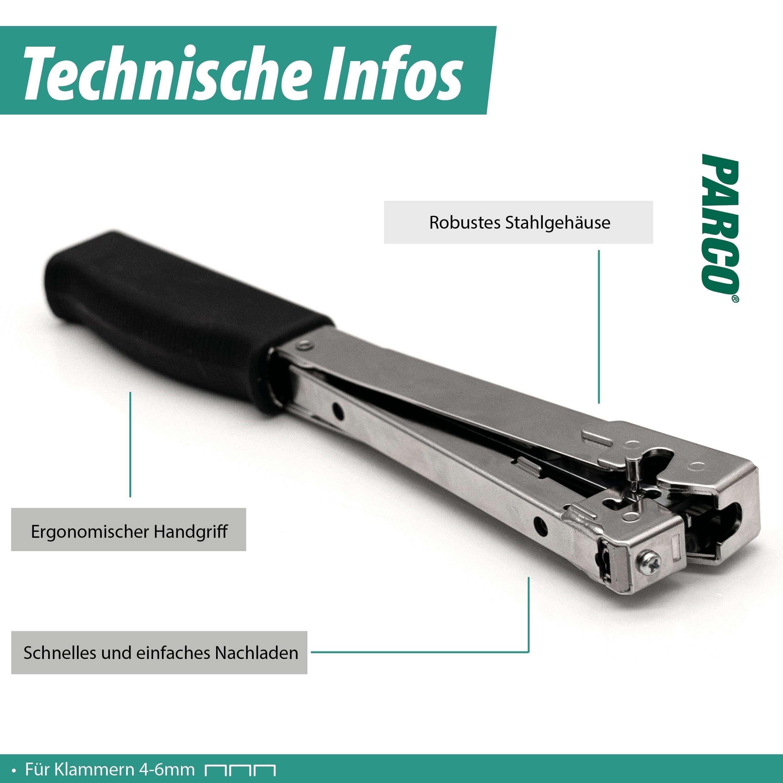 PARCO Hammertacker Hammertacker Typ 019 inkl. 10.000 Stück Heftklammern, Komplett aus Stahl gefertigt, Robuste Bauweise