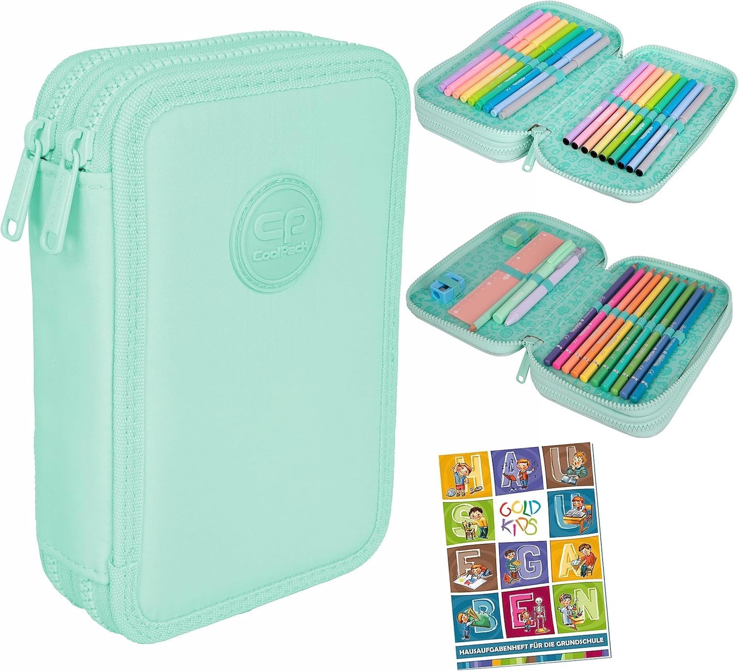 GOLDKIDS Federmäppchen COOLPACK 2-fache Federtasche Federmappe, (34-teilig Schüleretui Stifte und Pinsel, inkl. Aufgabenheft Federbox Etui), Stiftetasche Schlamper-Etui Schul-Etui